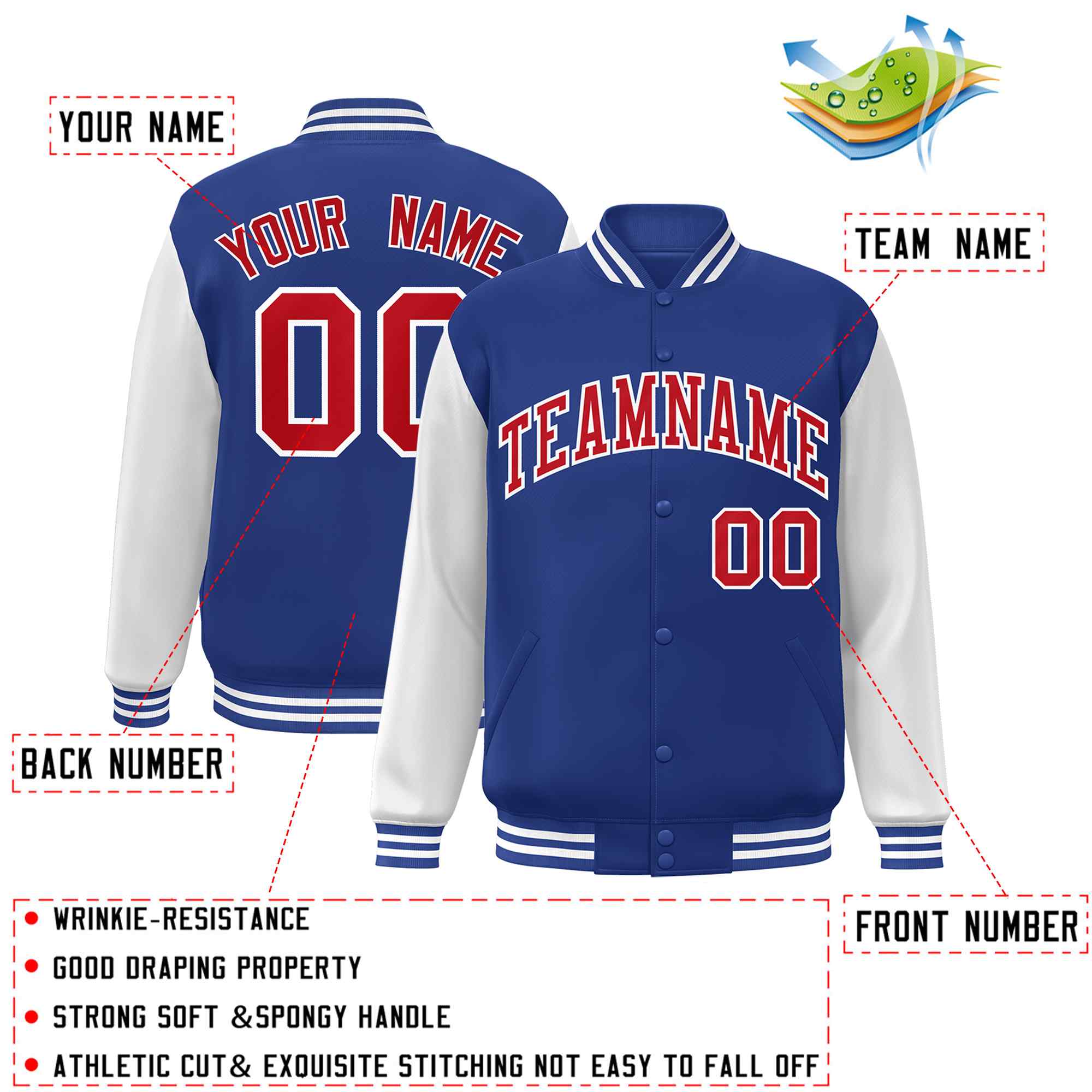 Custom Royal Red-White Raglan Sleeves Varsity Full-Snap Letterman Jacket