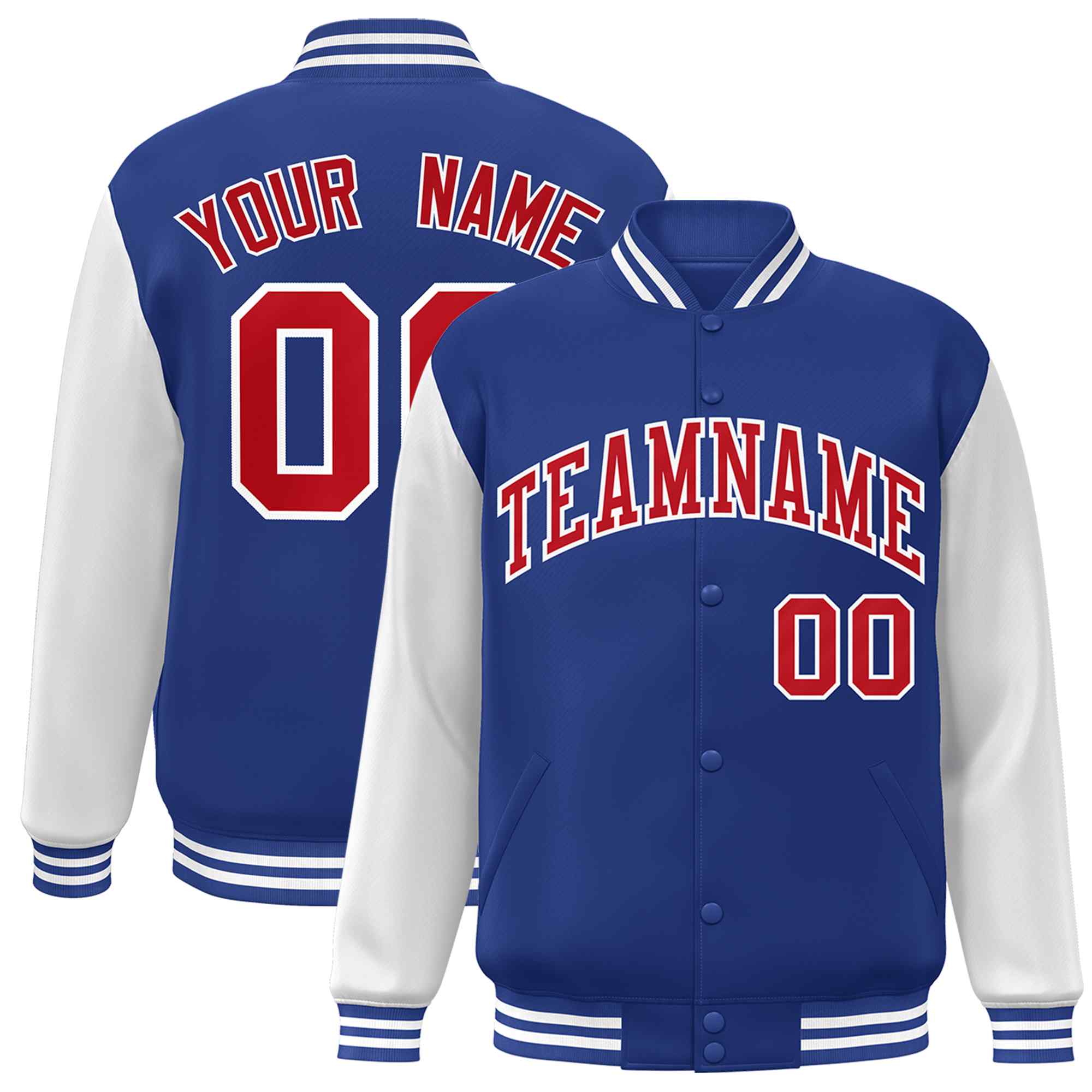 Custom Royal Red-White Raglan Sleeves Varsity Full-Snap Letterman Jacket