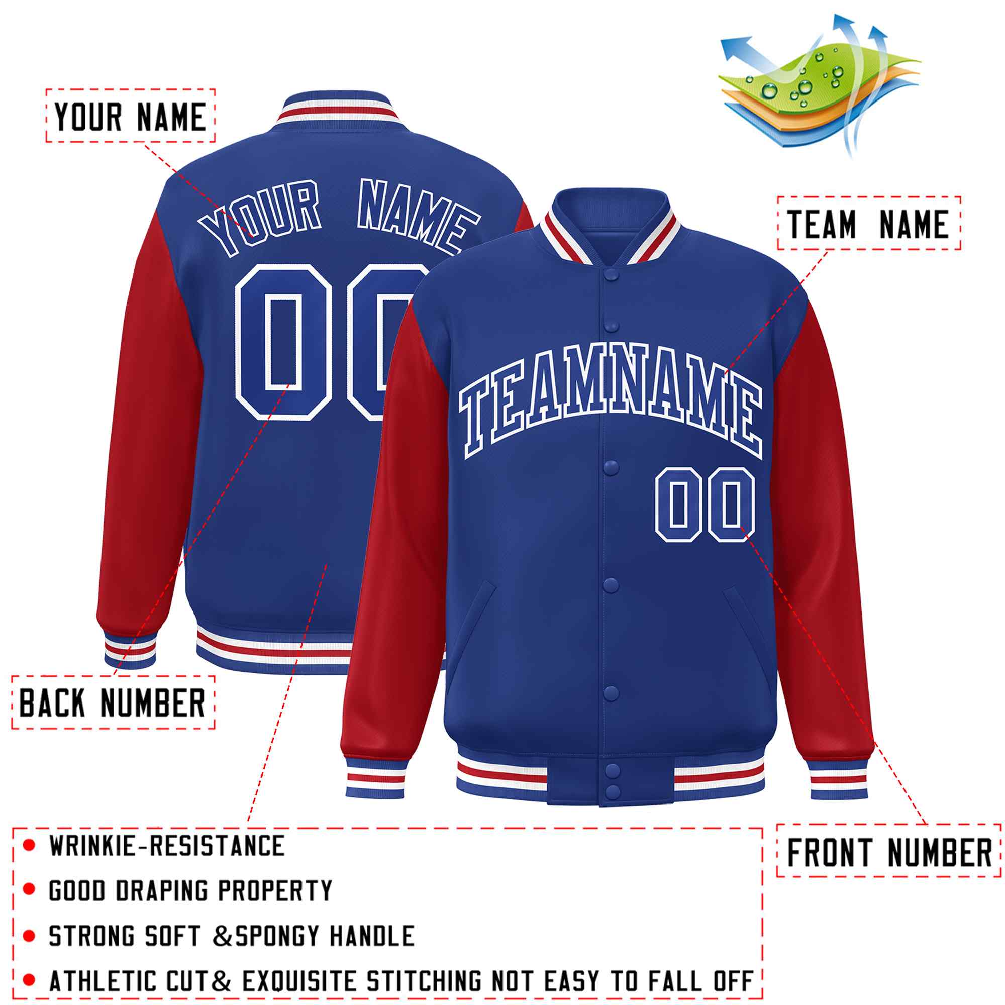 Veste Letterman Varsity à manches raglan Royal Royal-White personnalisée