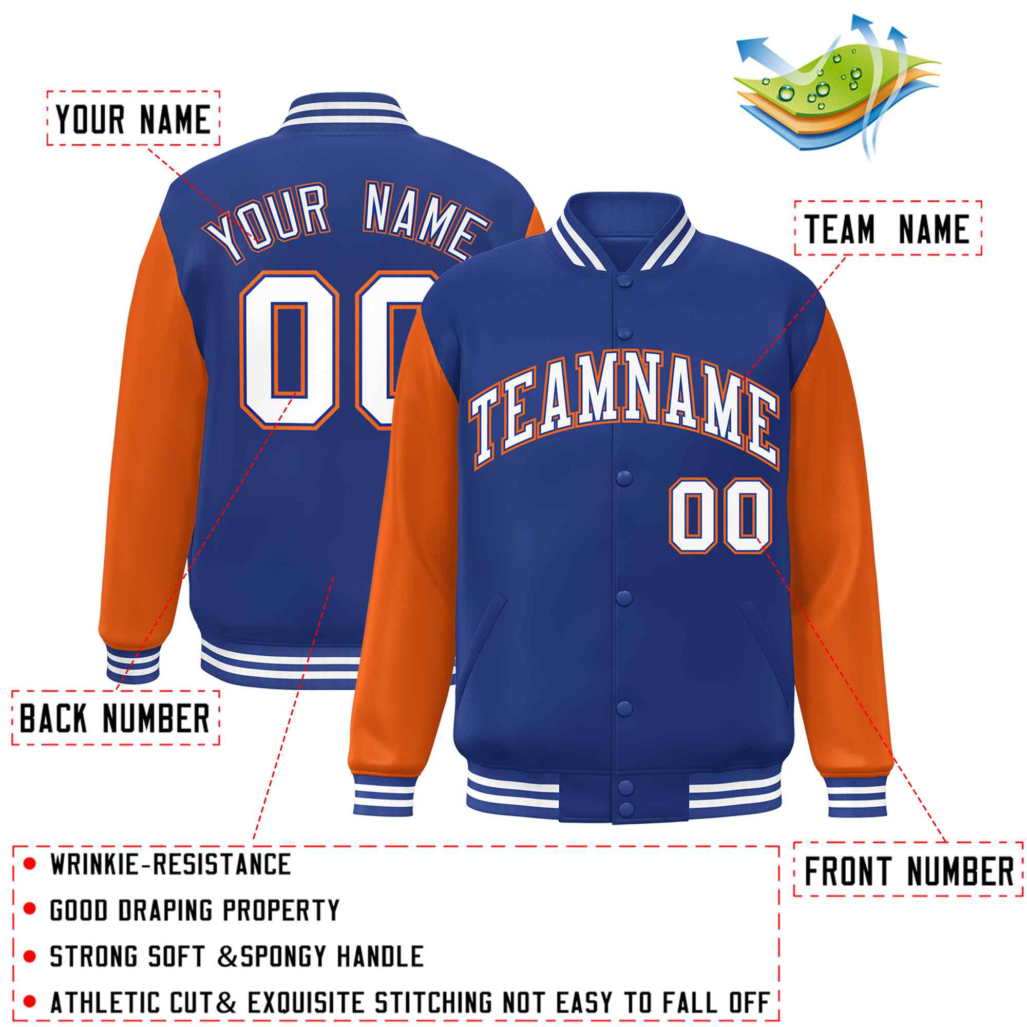 Custom Royal White-Royal Raglan Sleeves Varsity Full-Snap Letterman Jacket