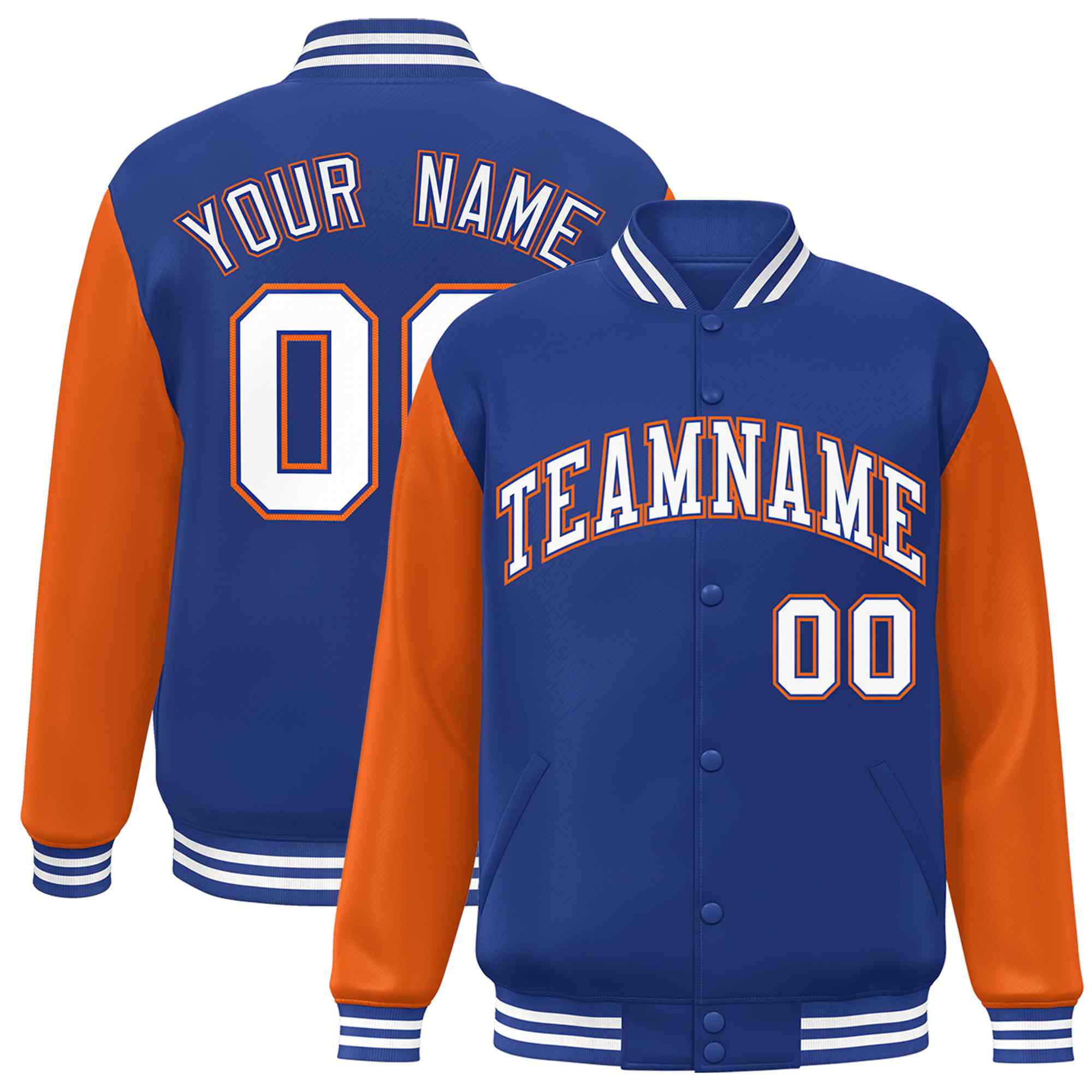 Custom Royal White-Royal Raglan Sleeves Varsity Full-Snap Letterman Jacket