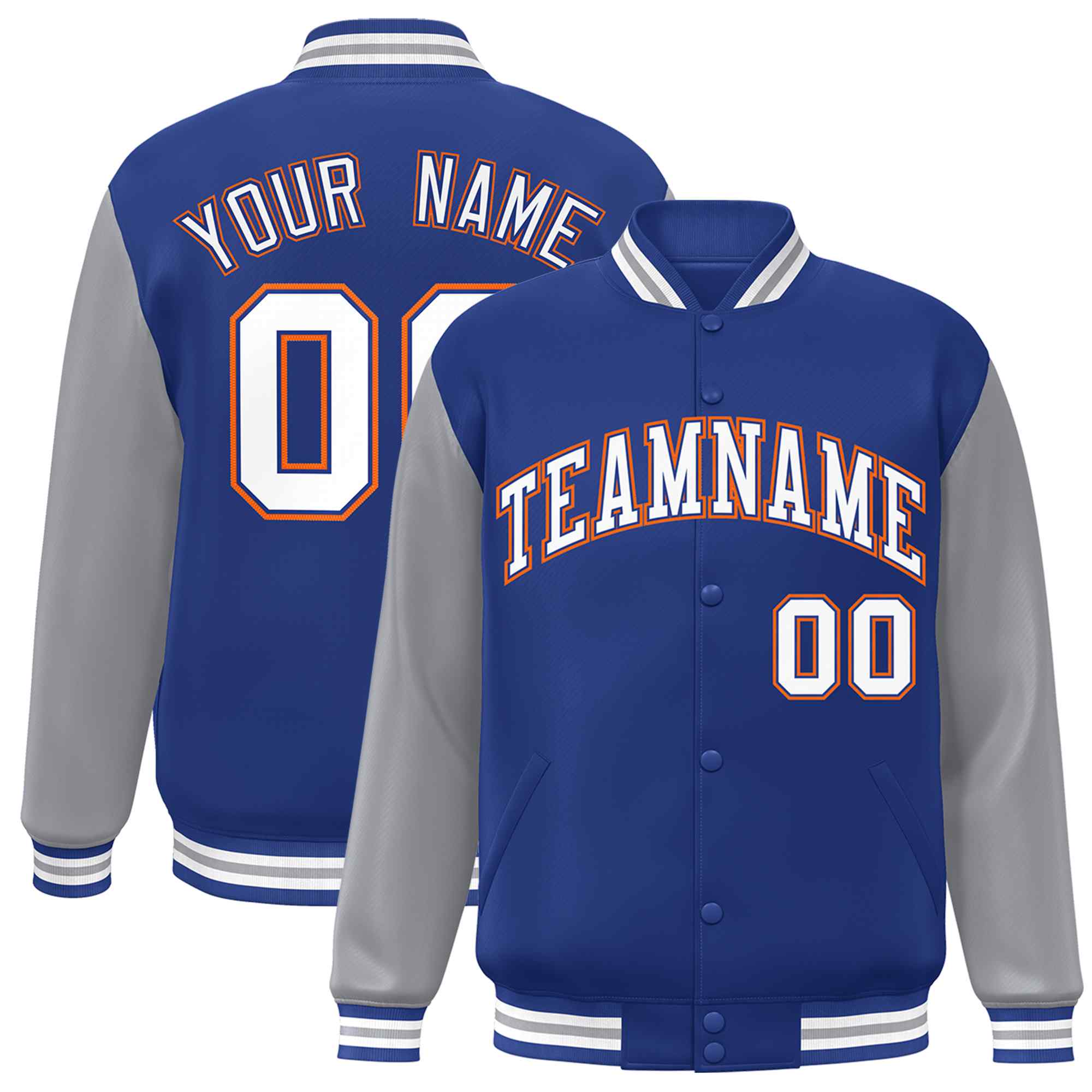 Custom Royal White-Royal Raglan Sleeves Varsity Full-Snap Letterman Jacket