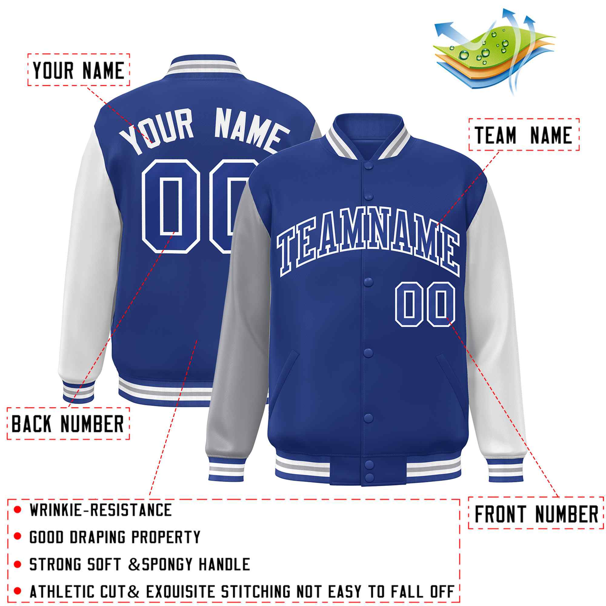 Veste Letterman Varsity à manches raglan Royal Royal-White personnalisée