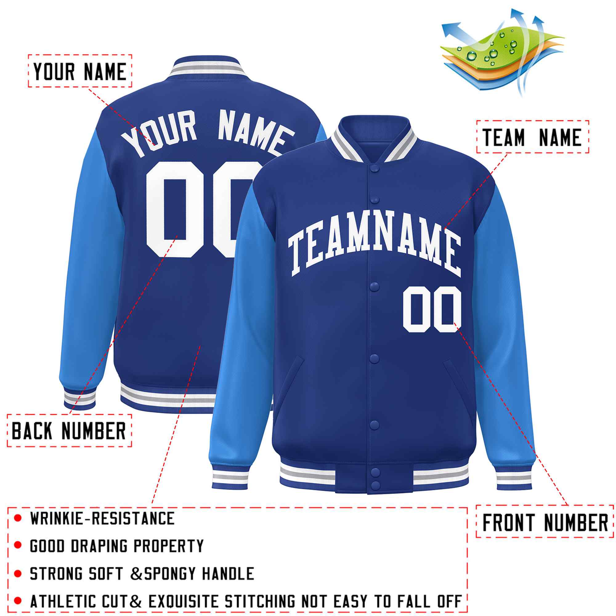 Veste Letterman Varsity Full-Snap à manches raglan blanches royales personnalisées