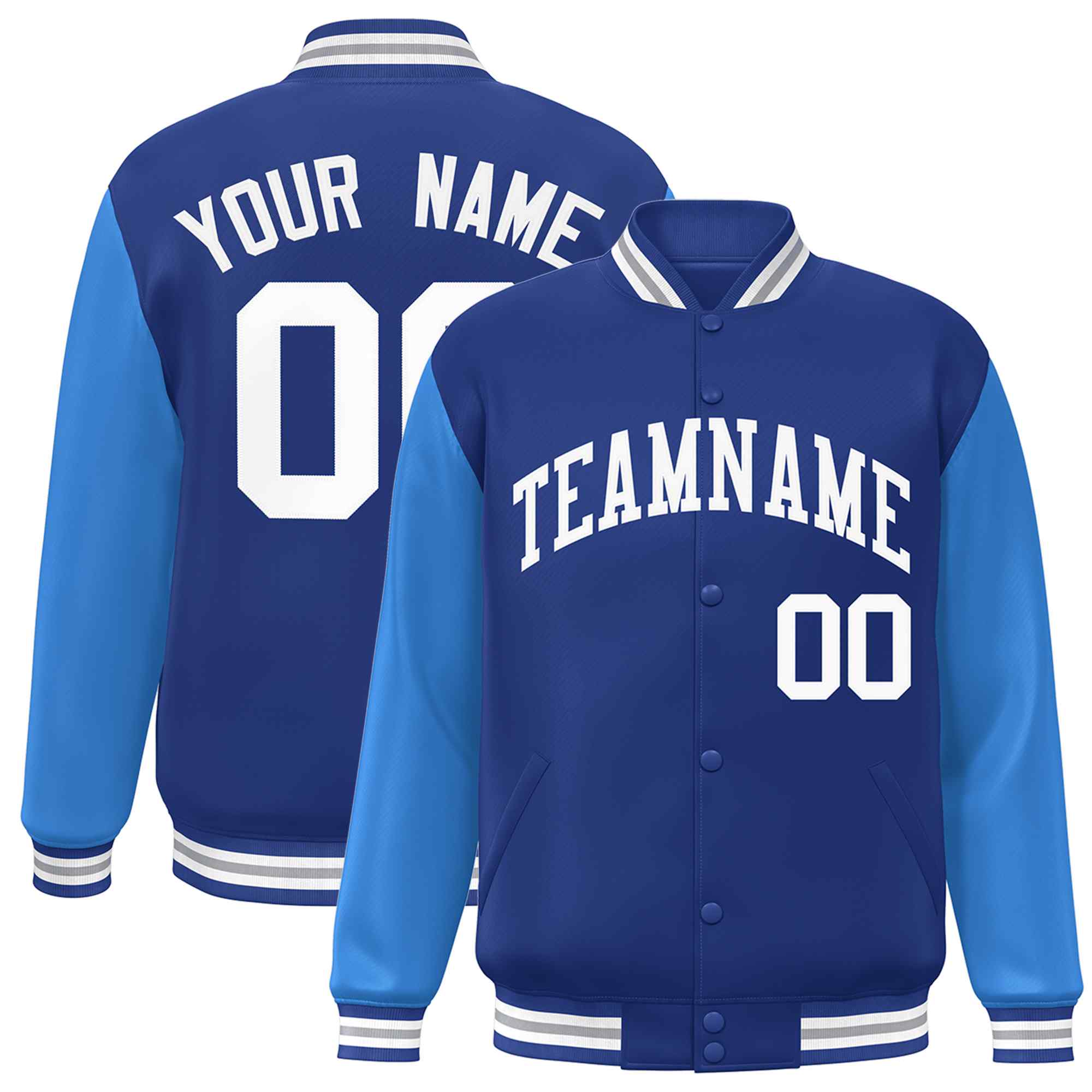 Veste Letterman Varsity Full-Snap à manches raglan blanches royales personnalisées