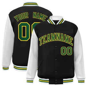 Custom Black Green-Gold Raglan Sleeves Varsity Full-Snap Letterman Jacket