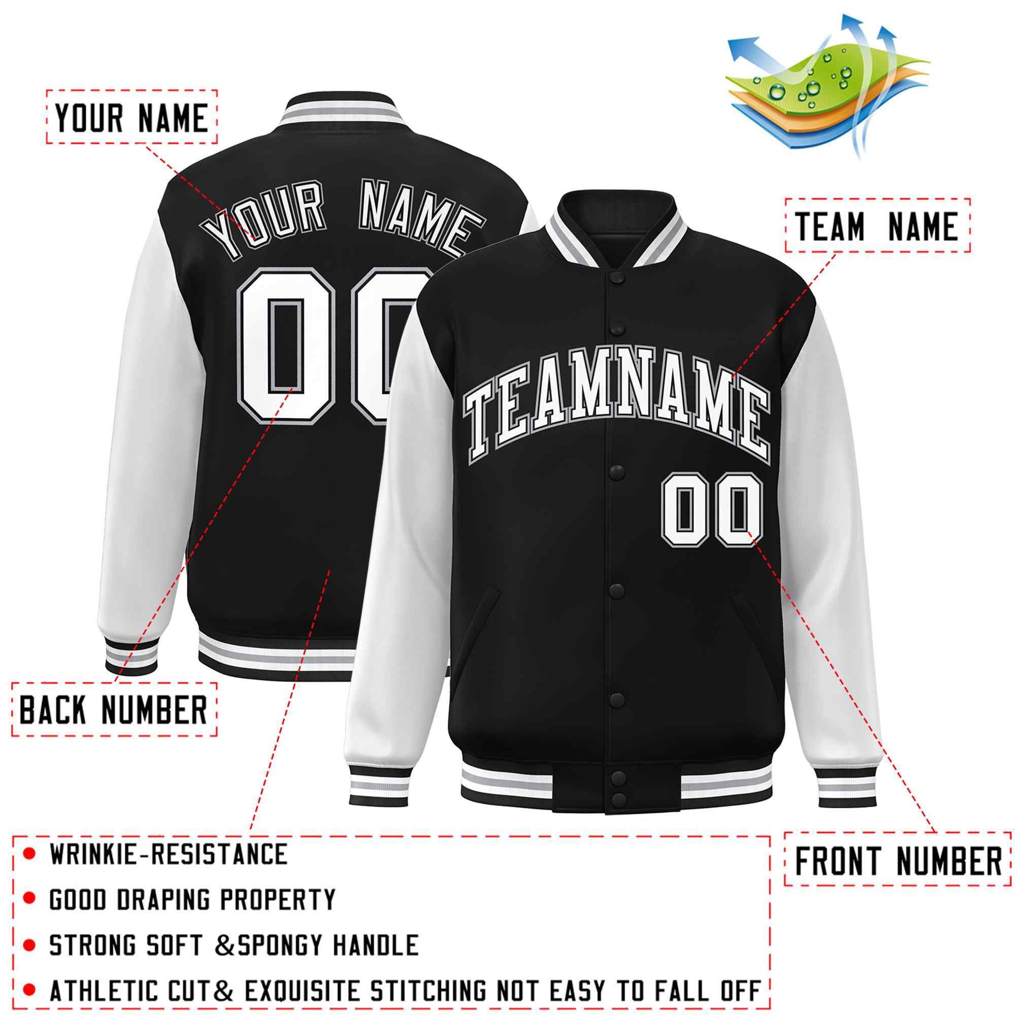 Custom Black White-Black Raglan Sleeves Varsity Full-Snap Letterman Jacket