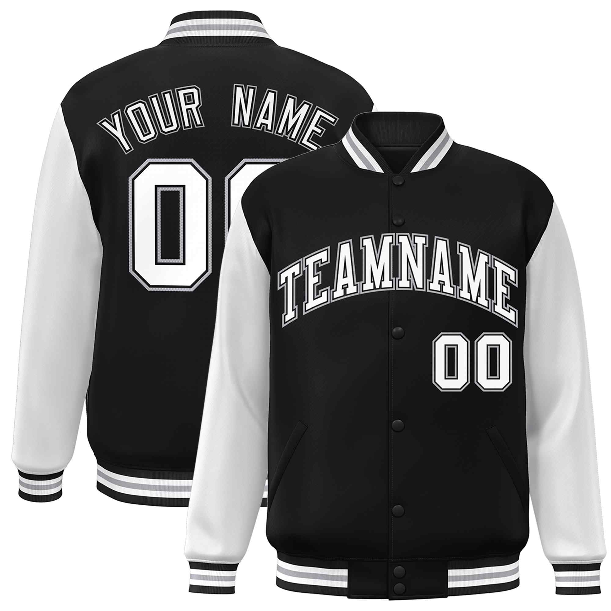 Custom Black White-Black Raglan Sleeves Varsity Full-Snap Letterman Jacket