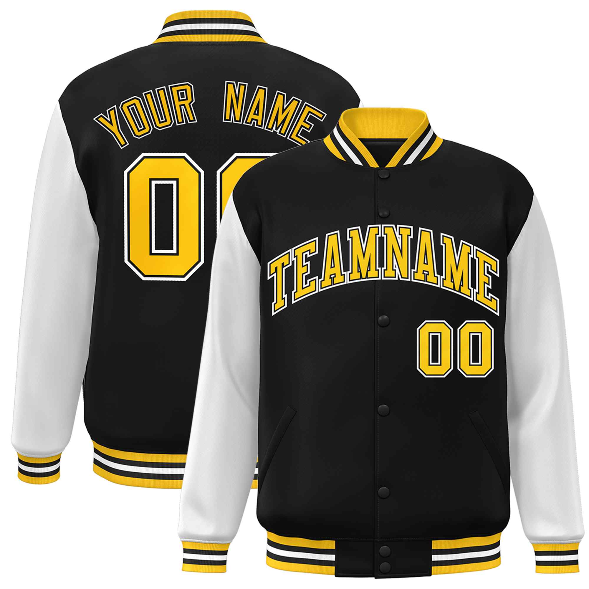 Veste Letterman Varsity Full-Snap à manches raglan personnalisées noir or-noir