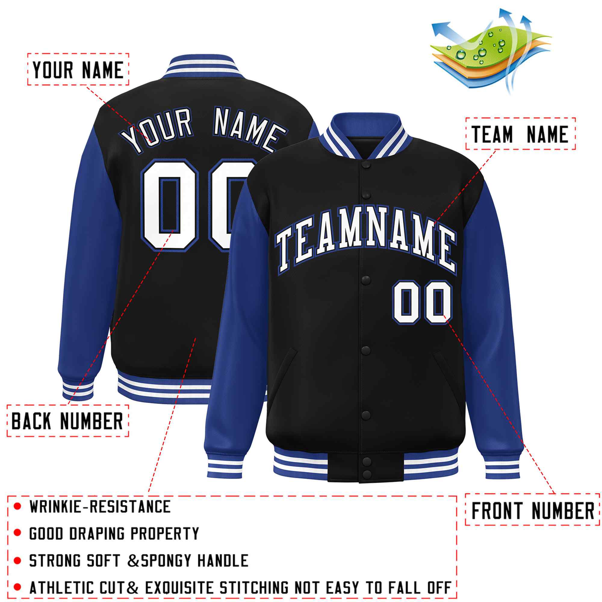 Custom Black White-Black Raglan Sleeves Varsity Full-Snap Letterman Jacket