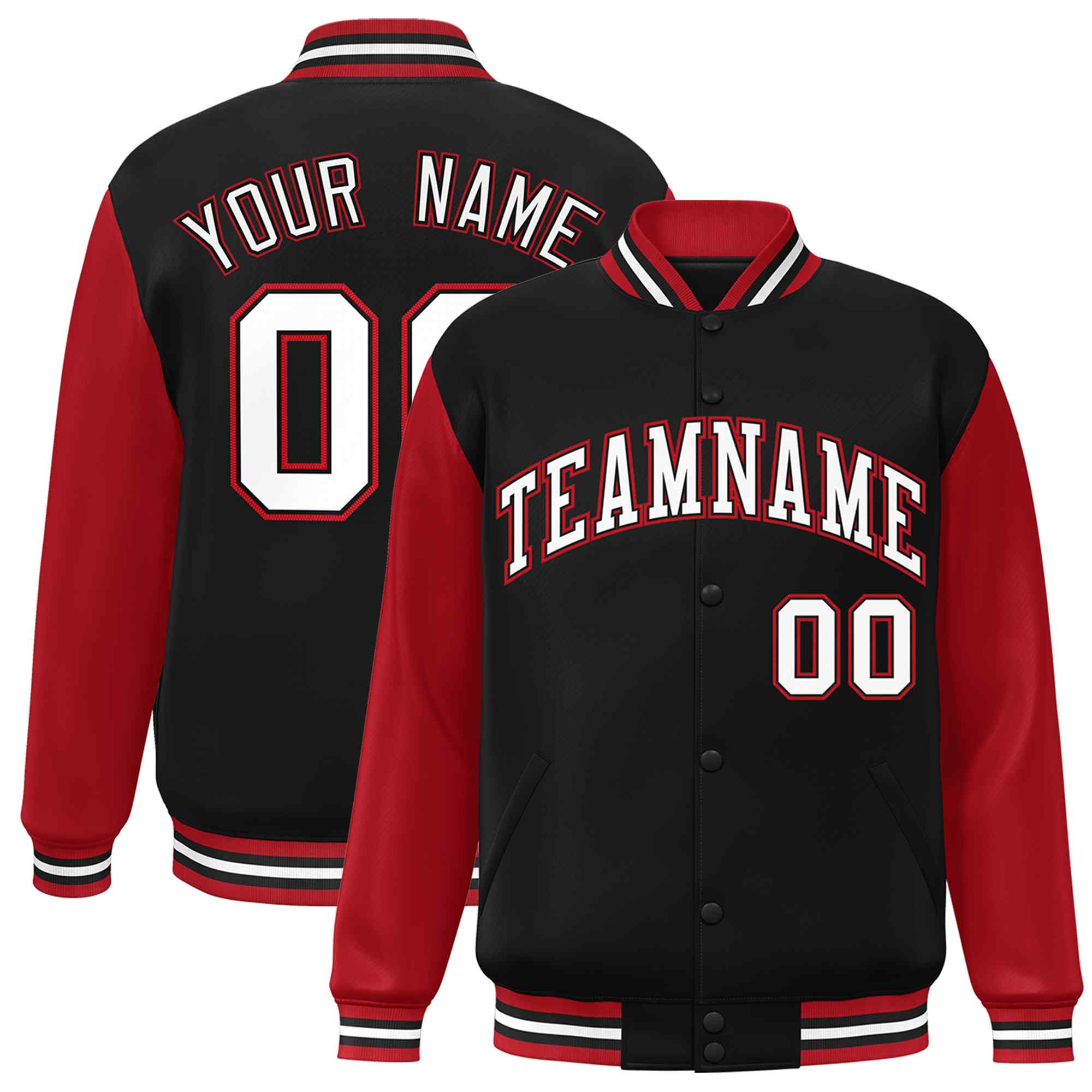 Custom Black White-Black Raglan Sleeves Varsity Full-Snap Letterman Jacket