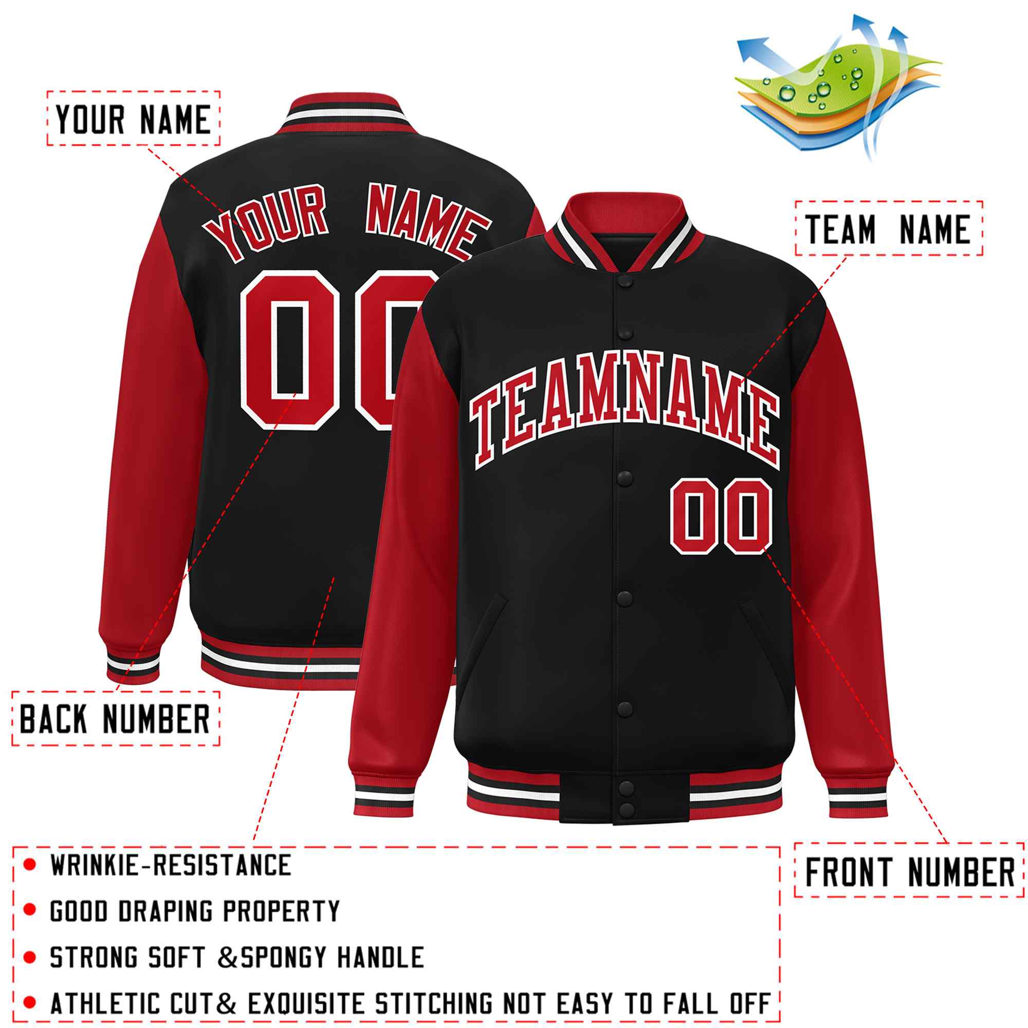 Custom Black Red-White Raglan Sleeves Varsity Full-Snap Letterman Jacket