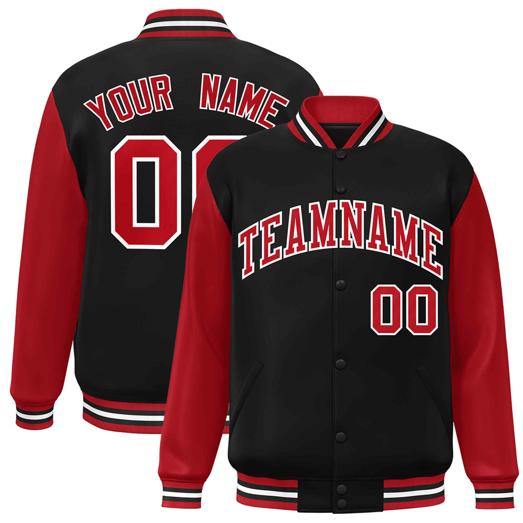 Custom Black Red-White Raglan Sleeves Varsity Full-Snap Letterman Jacket