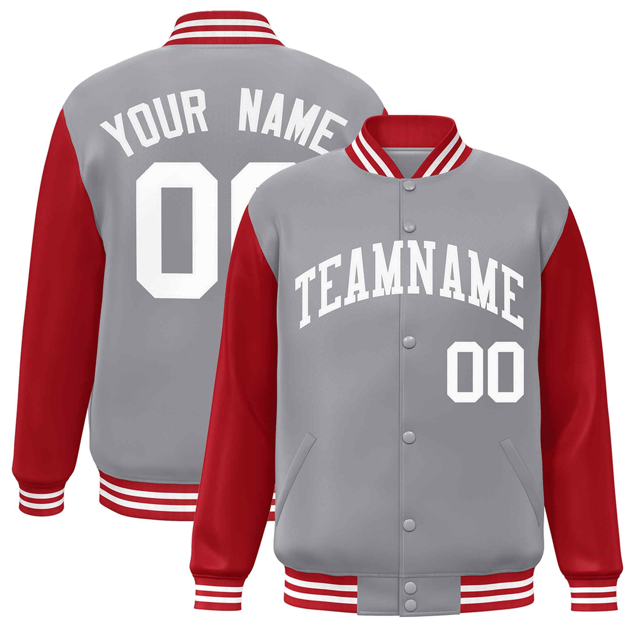 Veste Letterman Varsity Full-Snap à manches raglan blanches et grises personnalisées