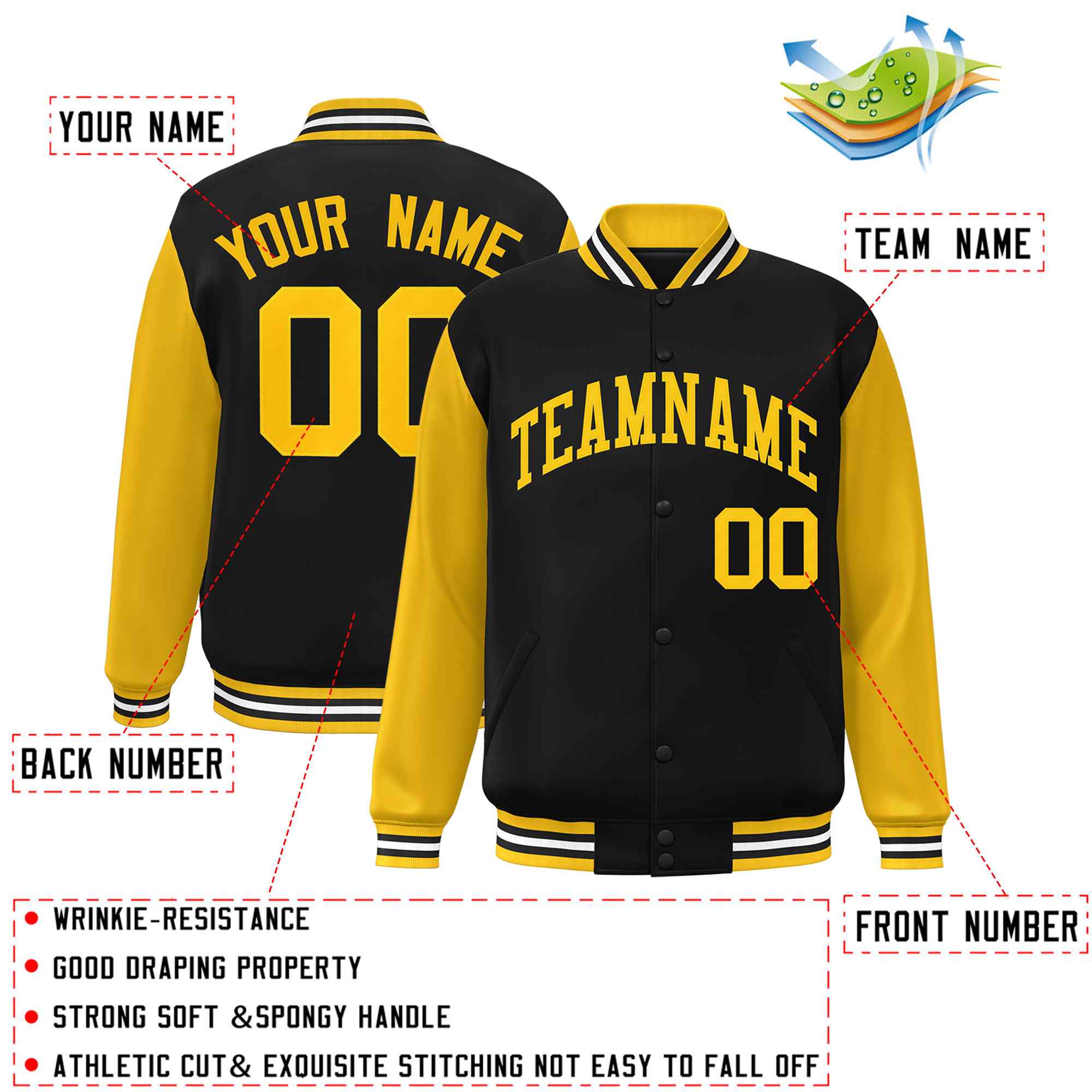 Custom Black Gold Raglan Sleeves Varsity Full-Snap Letterman Jacket