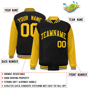 Custom Black Gold Raglan Sleeves Varsity Full-Snap Letterman Jacket