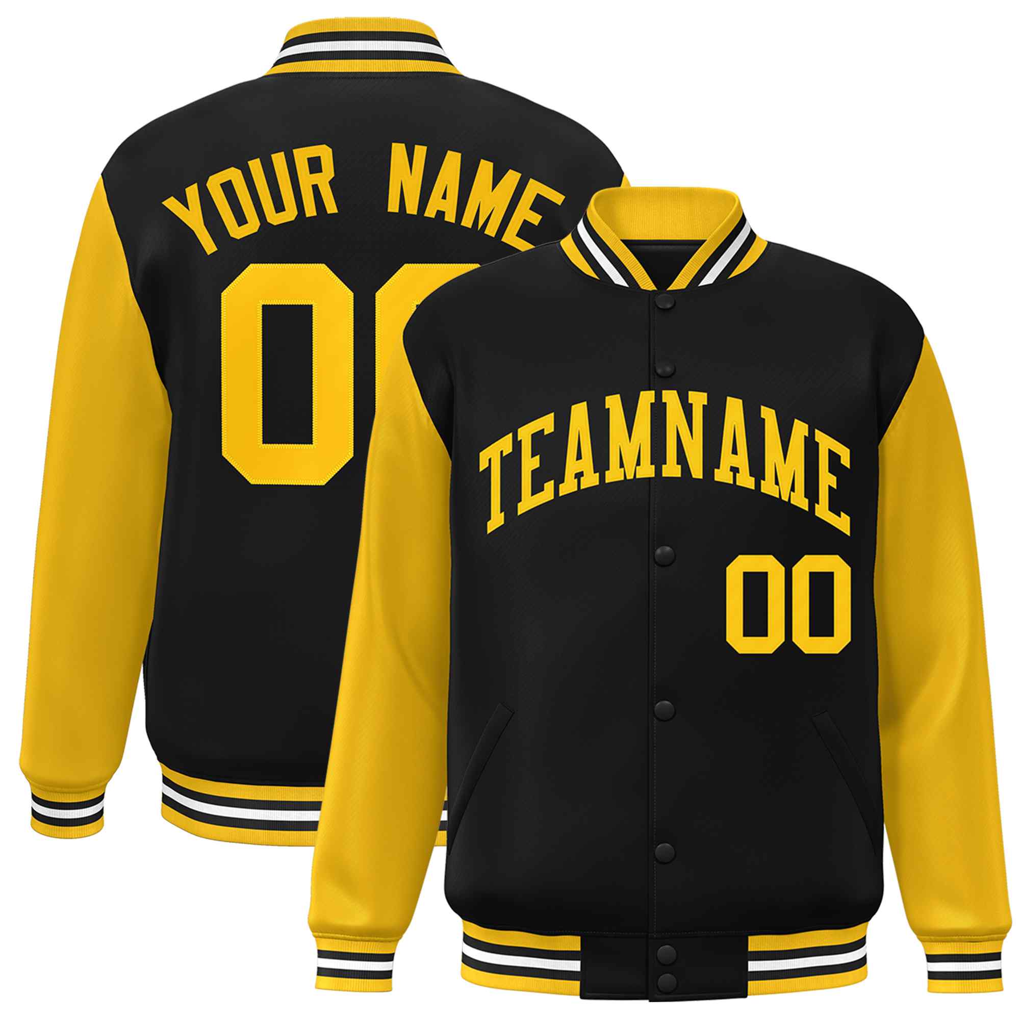 Custom Black Gold Raglan Sleeves Varsity Full-Snap Letterman Jacket