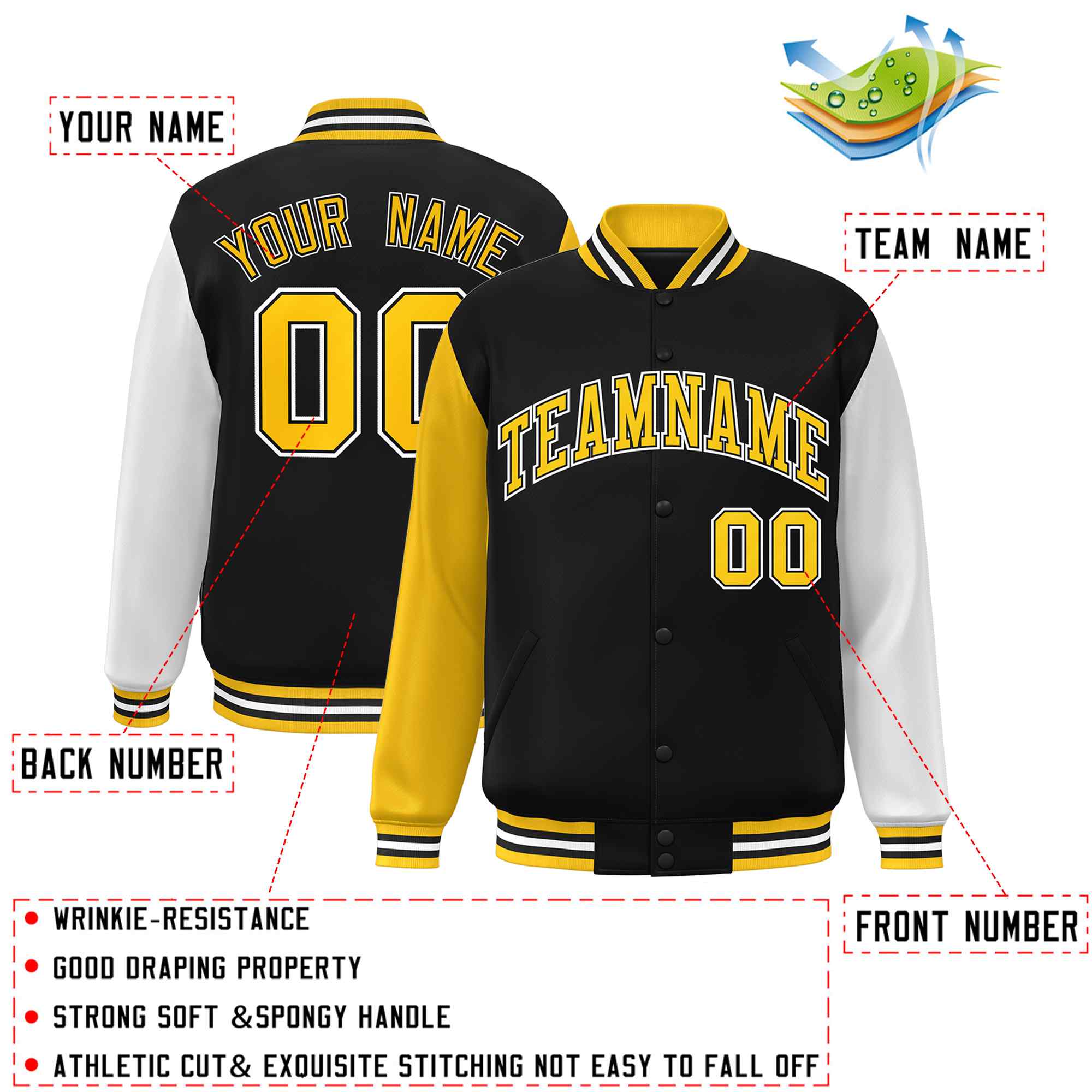 Custom Black Gold-Black Raglan Sleeves Varsity Full-Snap Letterman Jacket