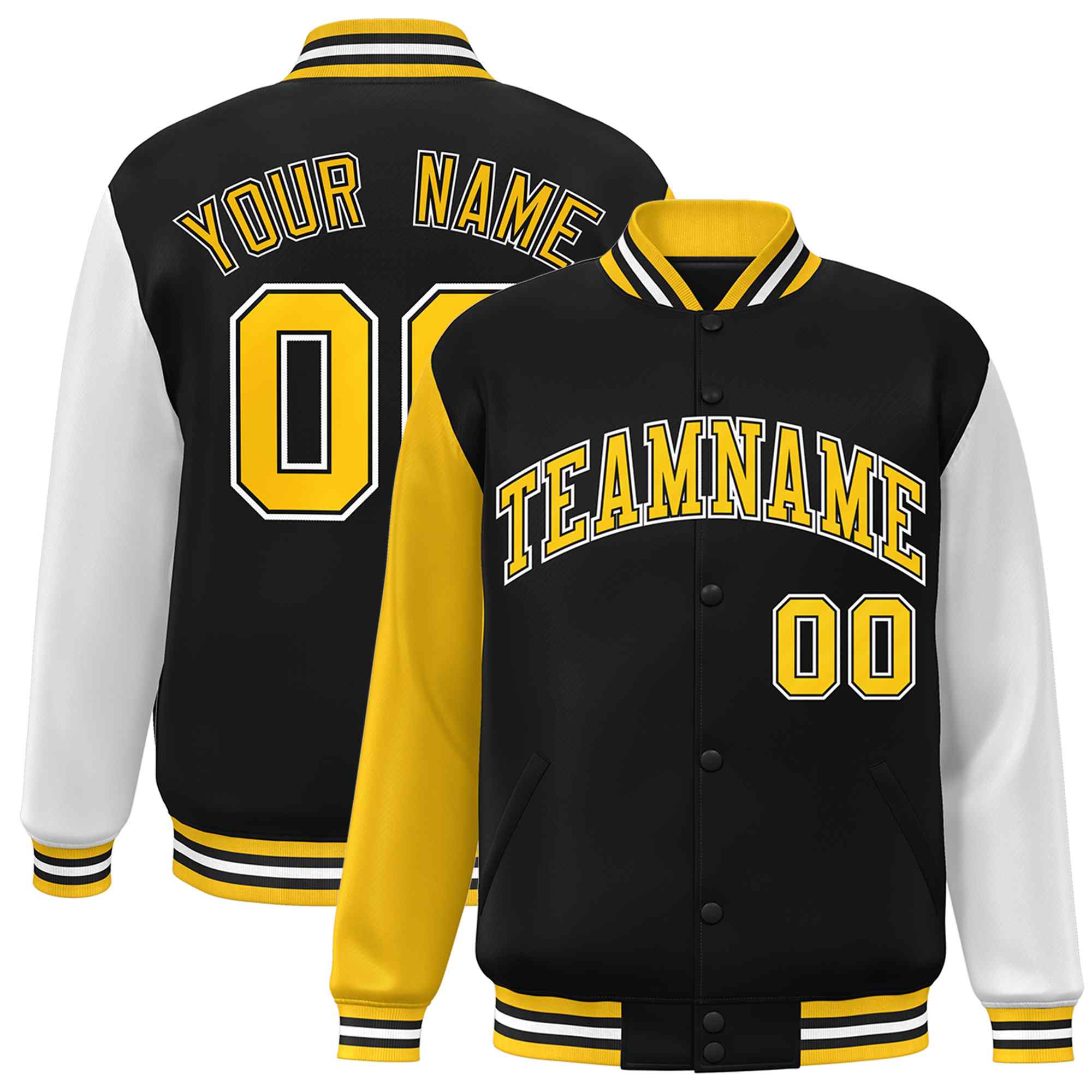 Custom Black Gold-Black Raglan Sleeves Varsity Full-Snap Letterman Jacket