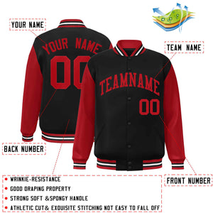 Veste Letterman Varsity Full-Snap à manches raglan rouge noir personnalisée