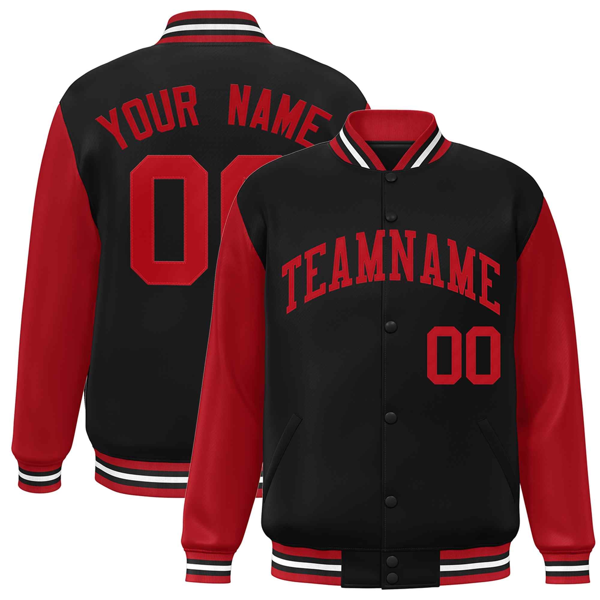 Veste Letterman Varsity Full-Snap à manches raglan rouge noir personnalisée