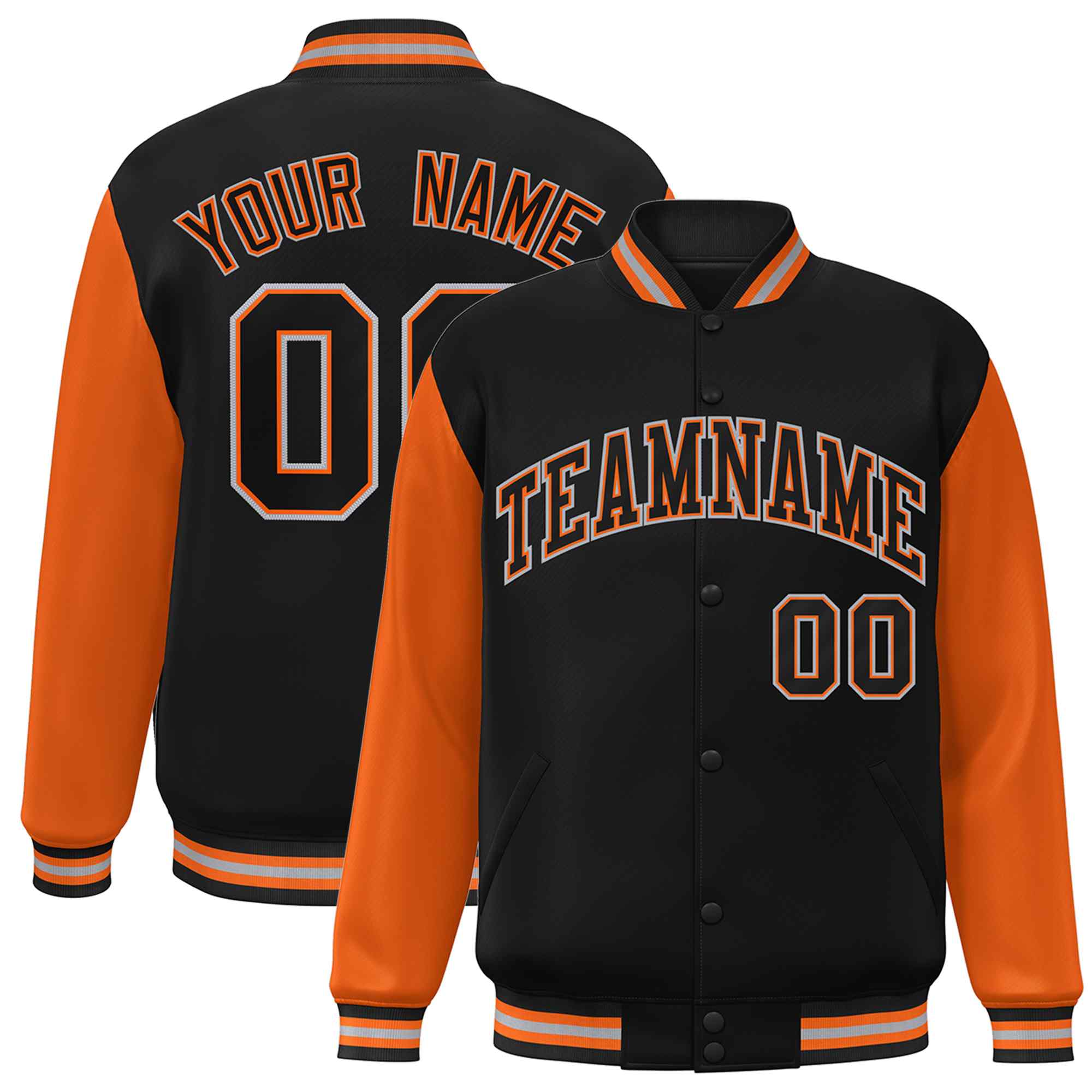 Custom Black Black-Orange Raglan Sleeves Varsity Full-Snap Letterman Jacket