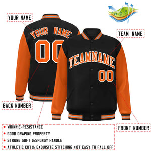 Veste Letterman Varsity Full-Snap à manches raglan personnalisées noir orange-blanc