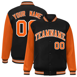 Veste Letterman Varsity Full-Snap à manches raglan personnalisées noir orange-blanc