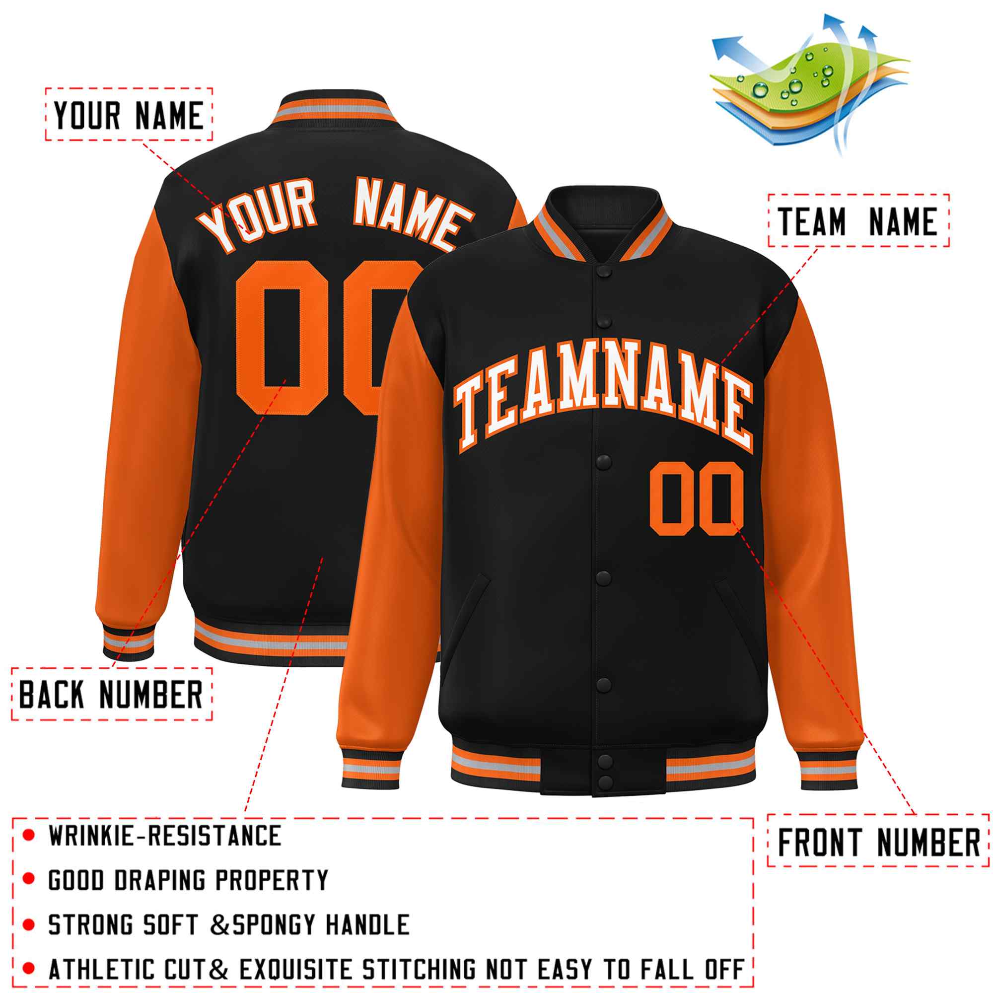 Veste Letterman Varsity Full-Snap personnalisée à manches raglan noir blanc-orange