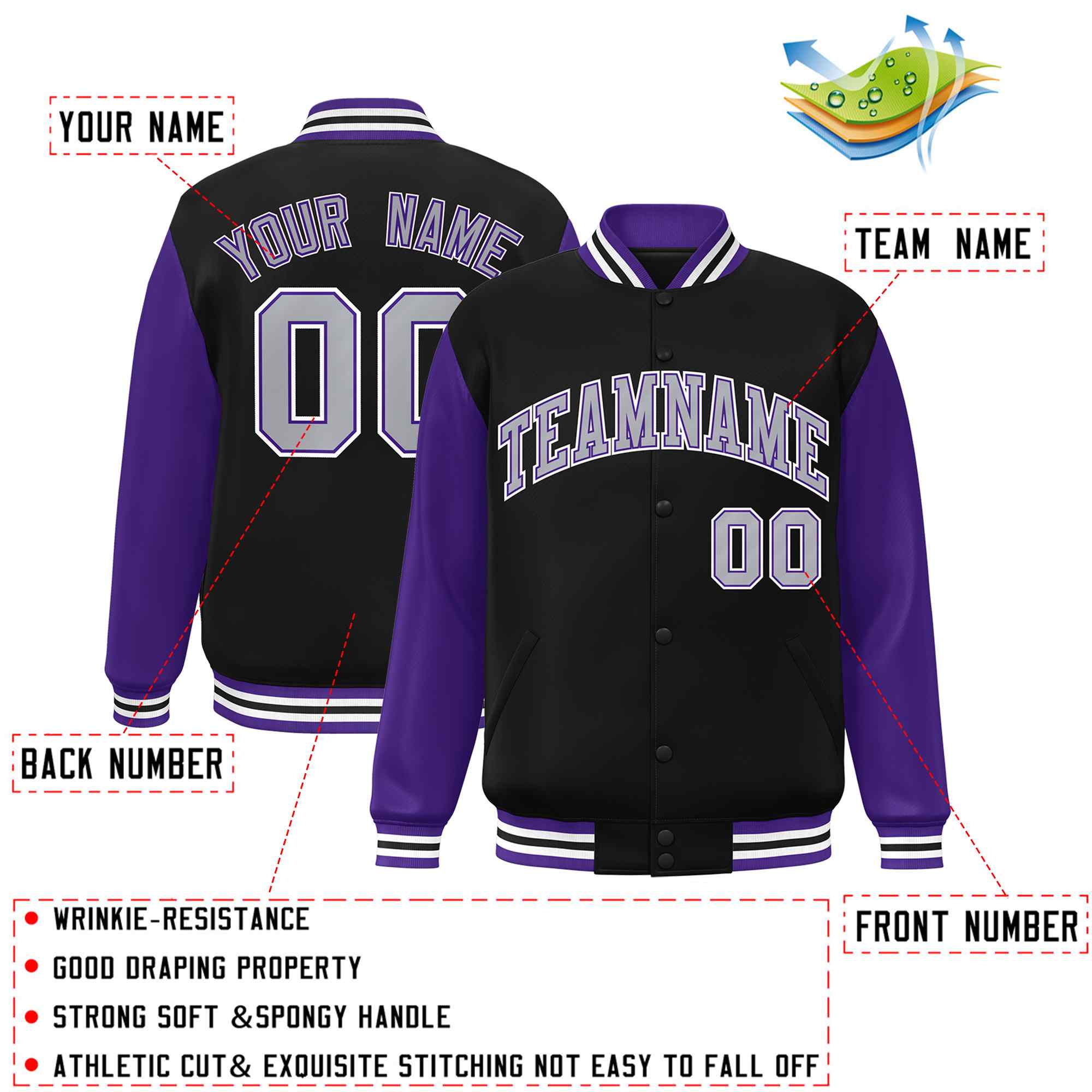 Veste Letterman Varsity Full-Snap personnalisée à manches raglan noir gris-violet