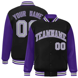 Custom Black Gray-Purple Raglan Sleeves Varsity Full-Snap Letterman Jacket