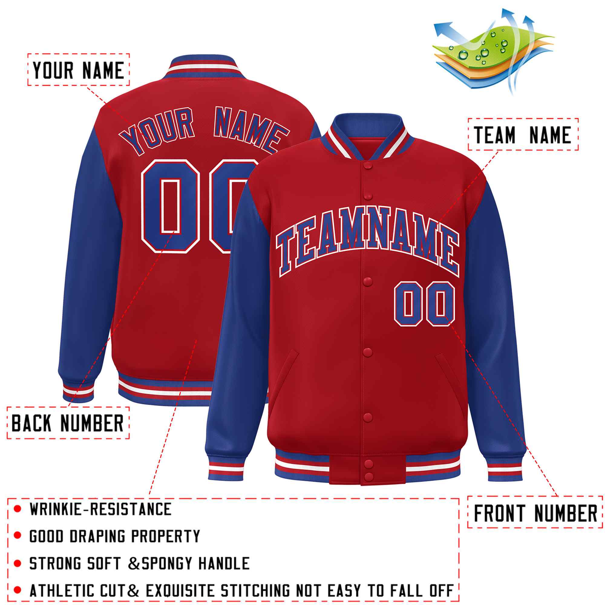 Custom Red Royal-Red Raglan Sleeves Varsity Full-Snap Letterman Jacket