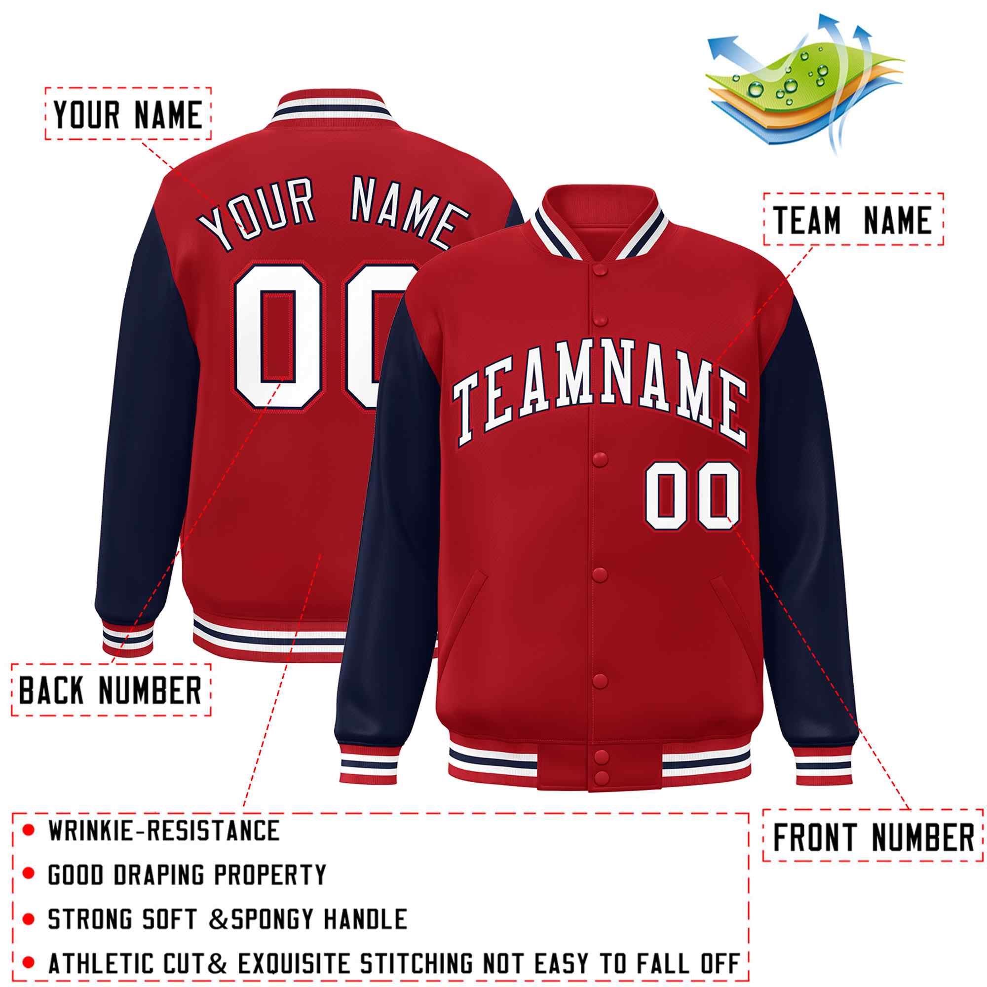 Veste Letterman Varsity Full-Snap à manches raglan rouge blanc-marine personnalisée