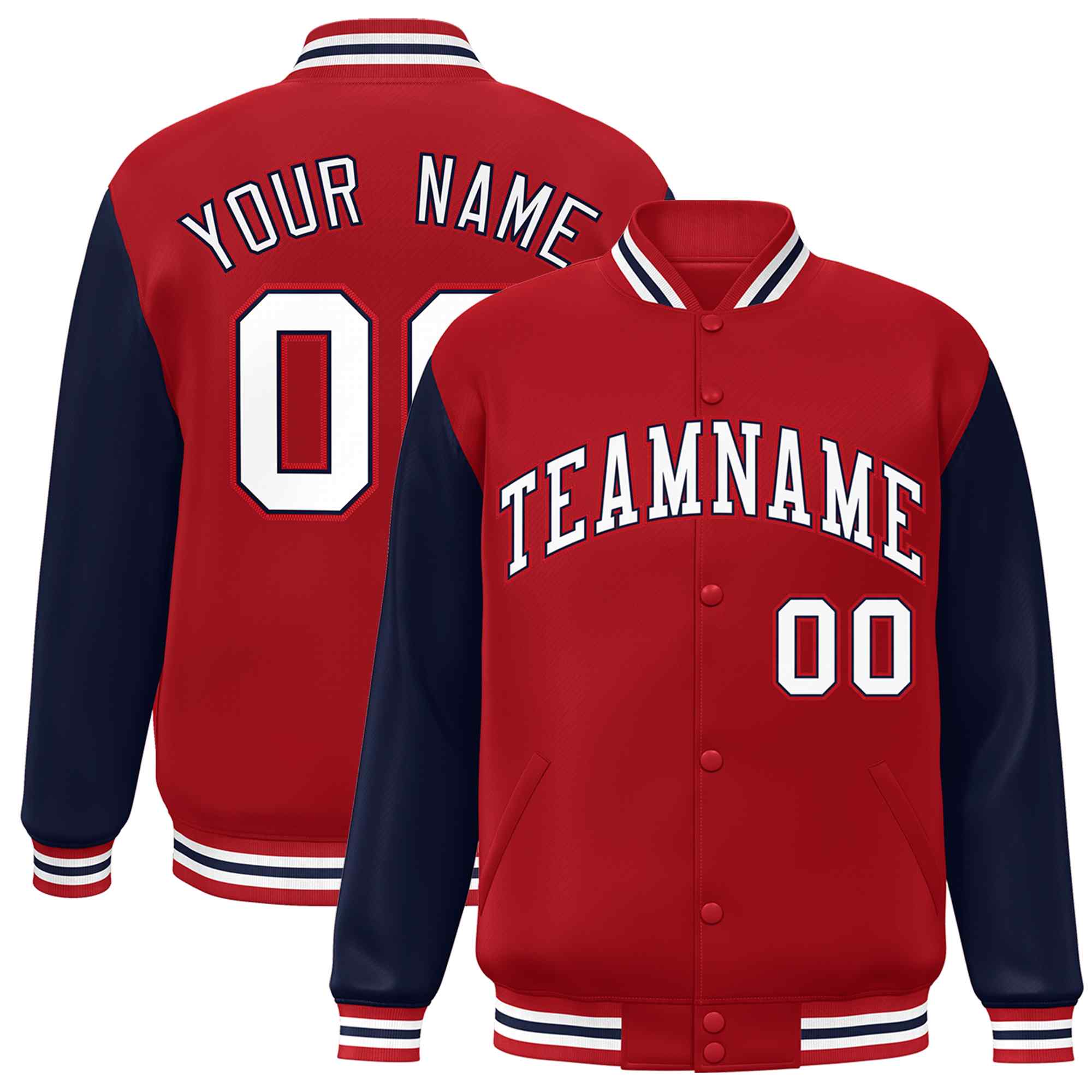 Veste Letterman Varsity Full-Snap à manches raglan rouge blanc-marine personnalisée