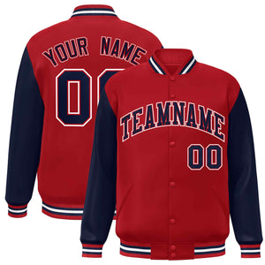 Veste Letterman Varsity Full-Snap à manches raglan rouge marine personnalisée