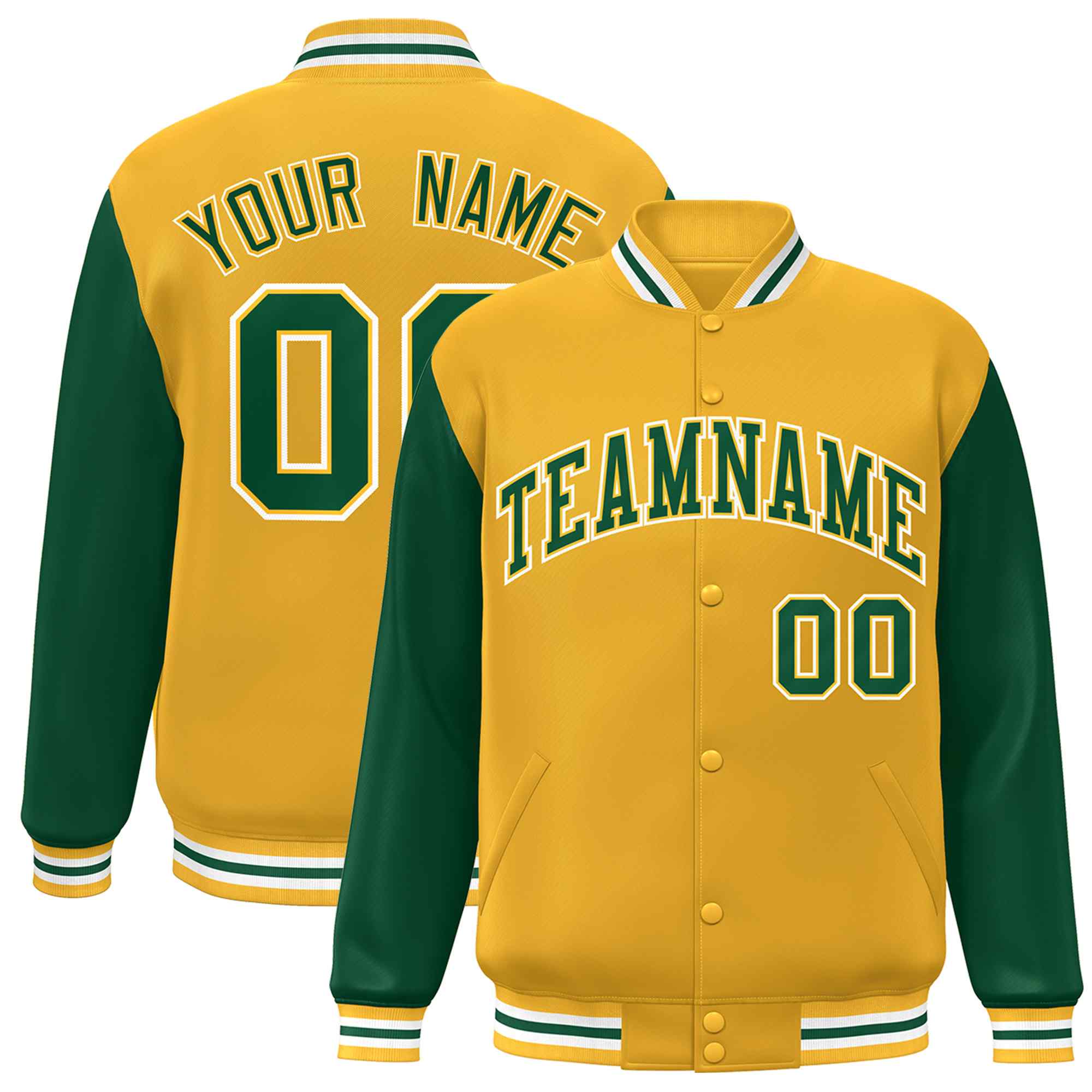 Custom Gold Green-Gold Raglan Sleeves Varsity Full-Snap Letterman Jacket