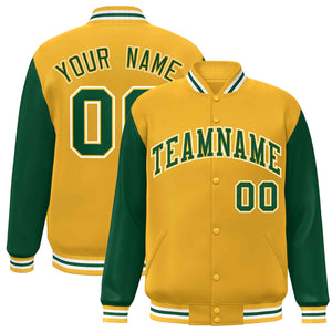 Custom Gold Green-Gold Raglan Sleeves Varsity Full-Snap Letterman Jacket