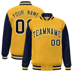 Veste Letterman Varsity Full-Snap Custom Gold Navy-Gold à manches raglan