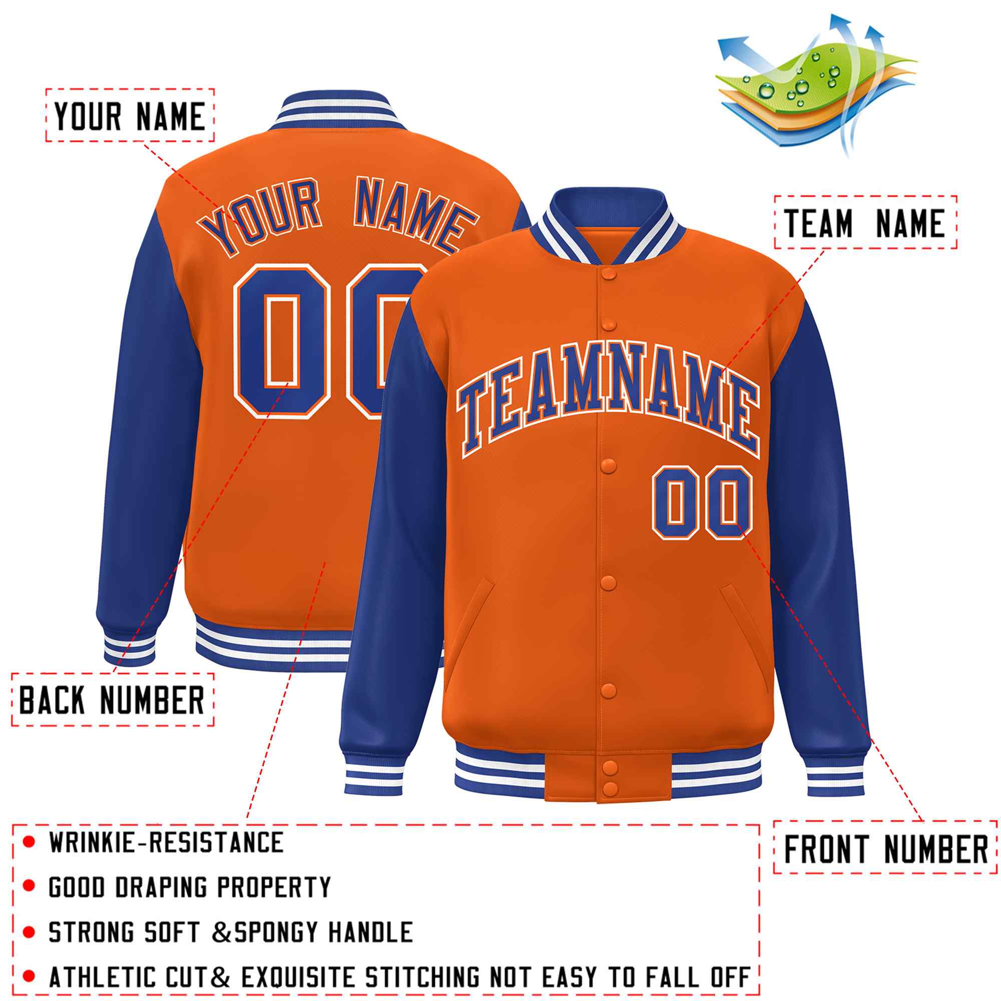 Veste Letterman Varsity Full-Snap Custom Orange Royal-Orange Raglan