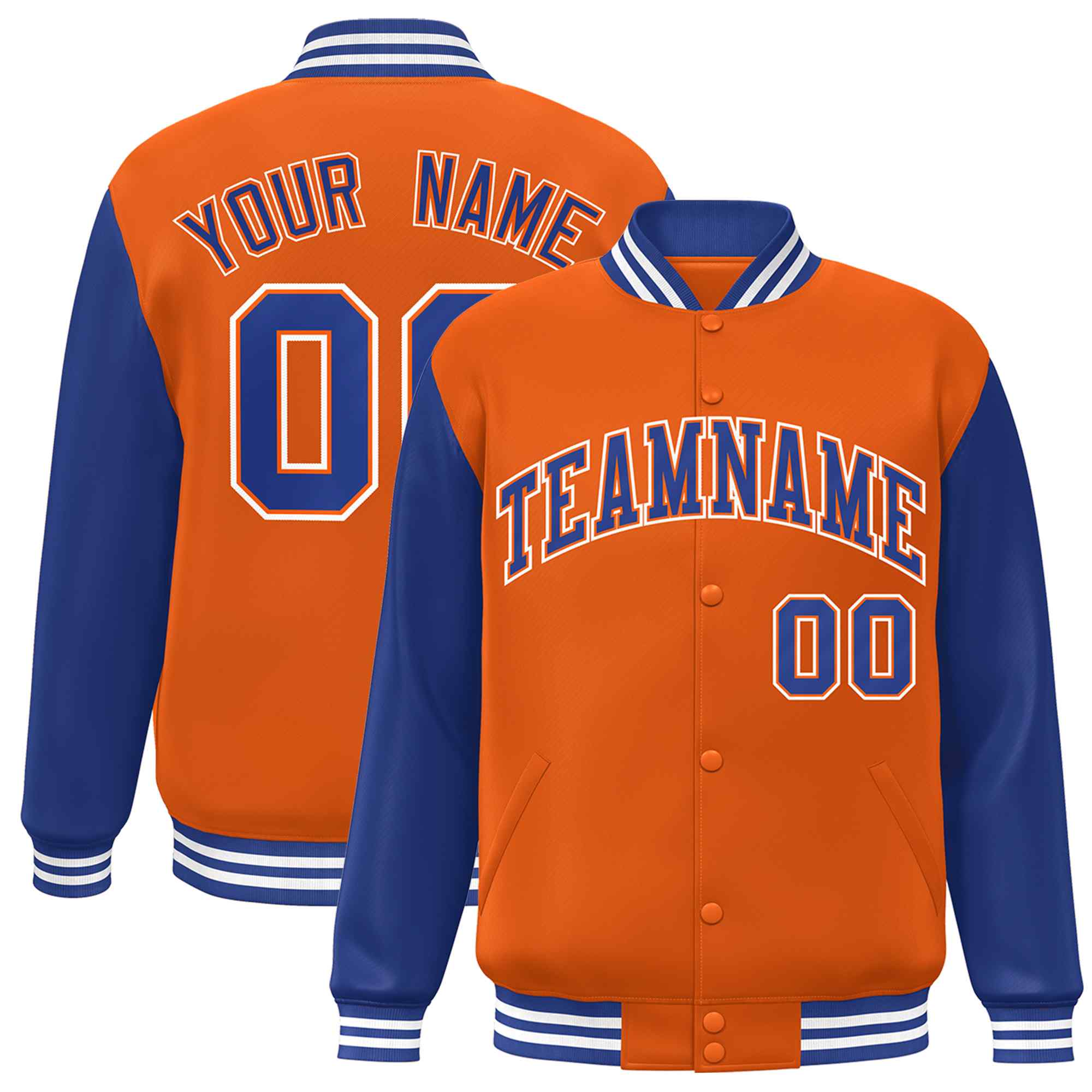 Custom Orange Royal-Orange Raglan Sleeves Varsity Full-Snap Letterman Jacket