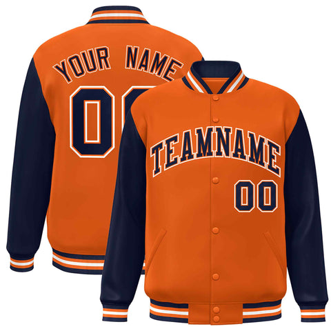 Custom Orange Navy-Orange Raglan Sleeves Varsity Full-Snap Letterman Jacket