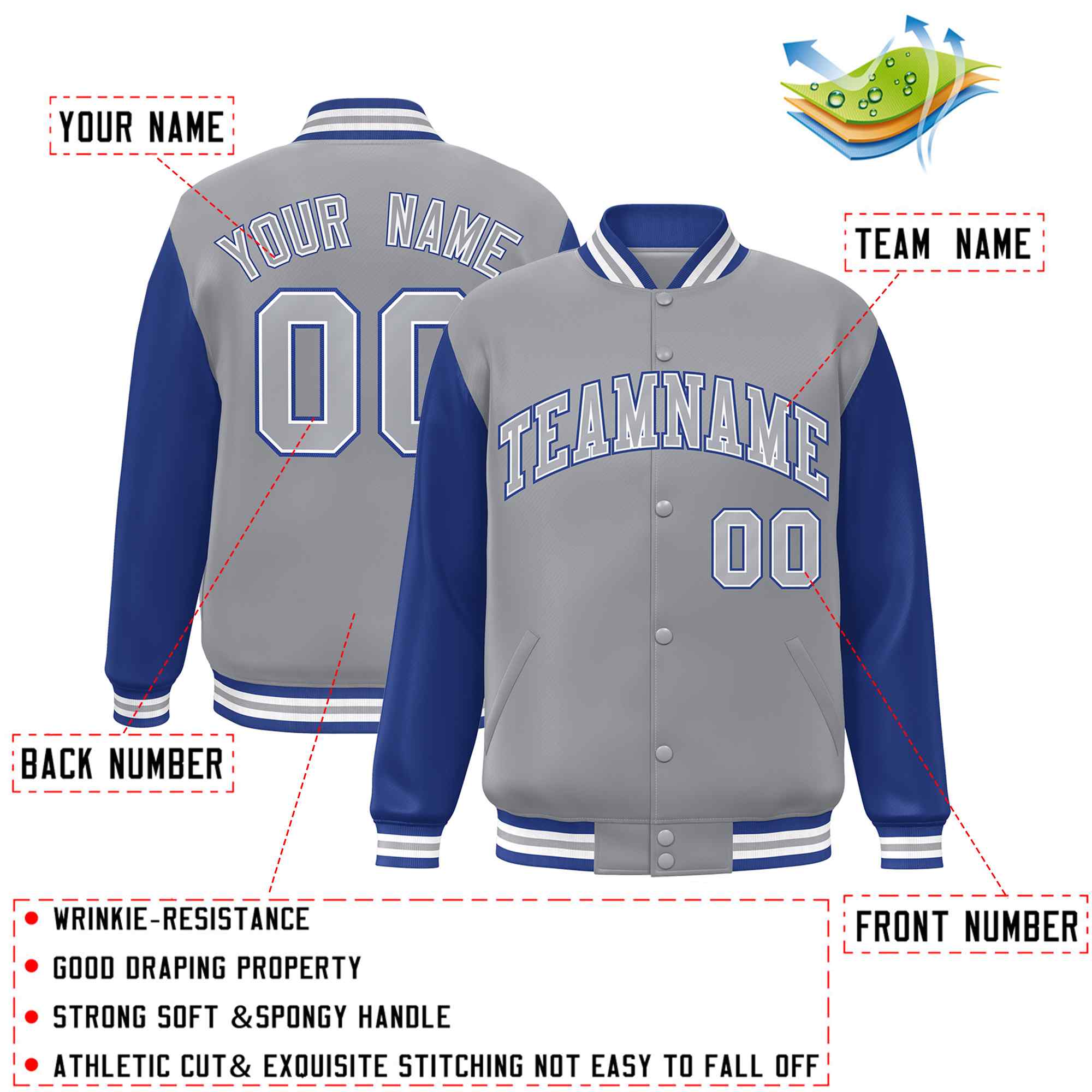 Custom Gray Gray-White Raglan Sleeves Varsity Full-Snap Letterman Jacket