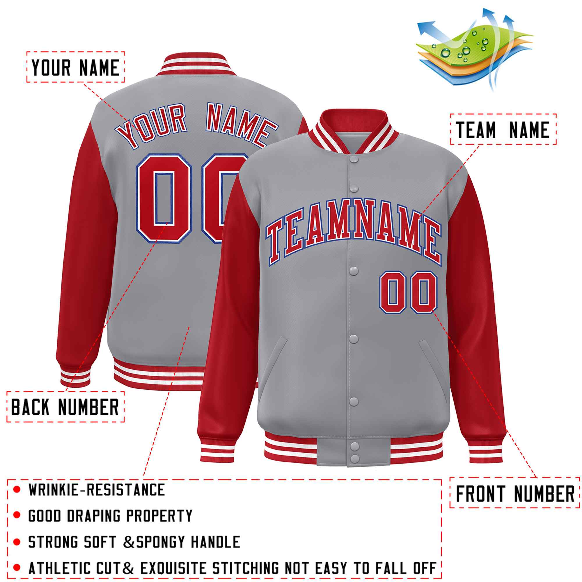 Veste Letterman Varsity Full-Snap à manches raglan gris rouge-blanc personnalisée