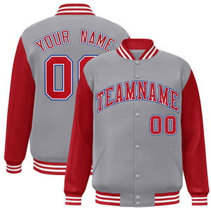 Veste Letterman Varsity Full-Snap à manches raglan gris rouge-blanc personnalisée