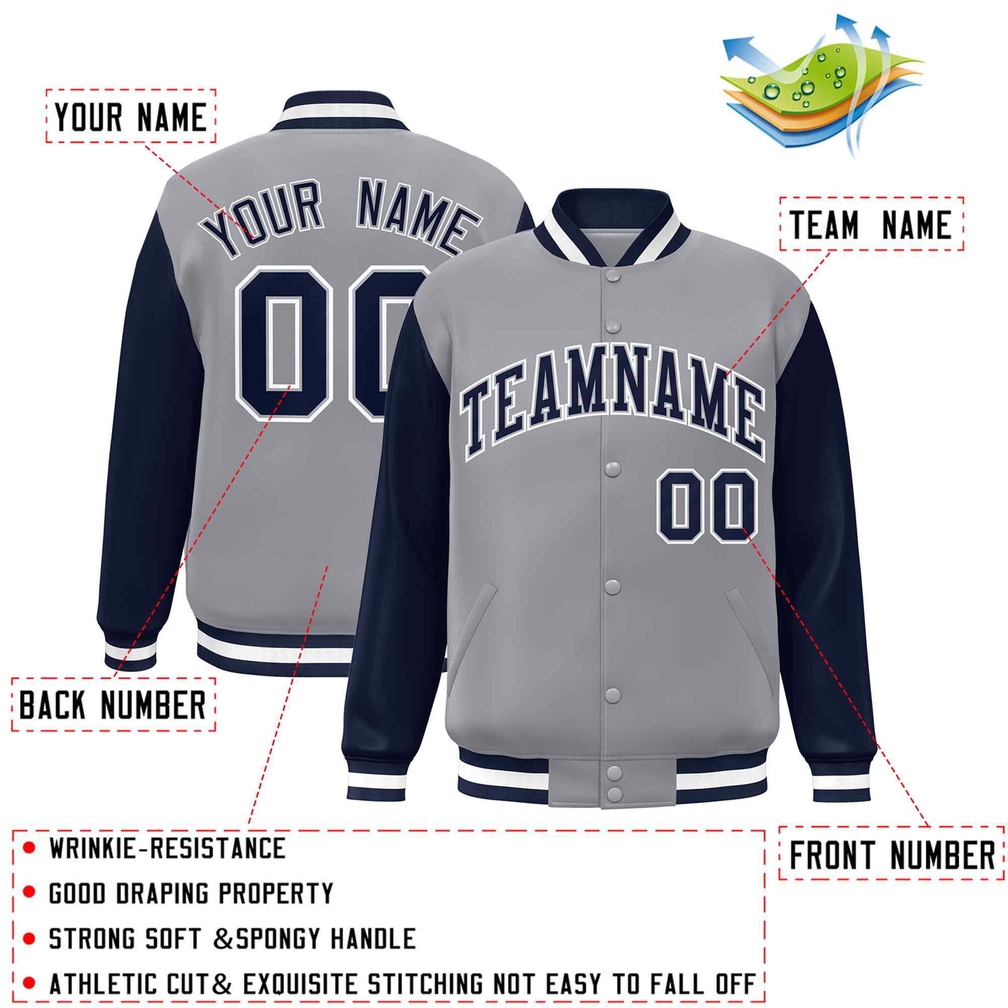 Custom Gray Navy-Gray Raglan Sleeves Varsity Full-Snap Letterman Jacket