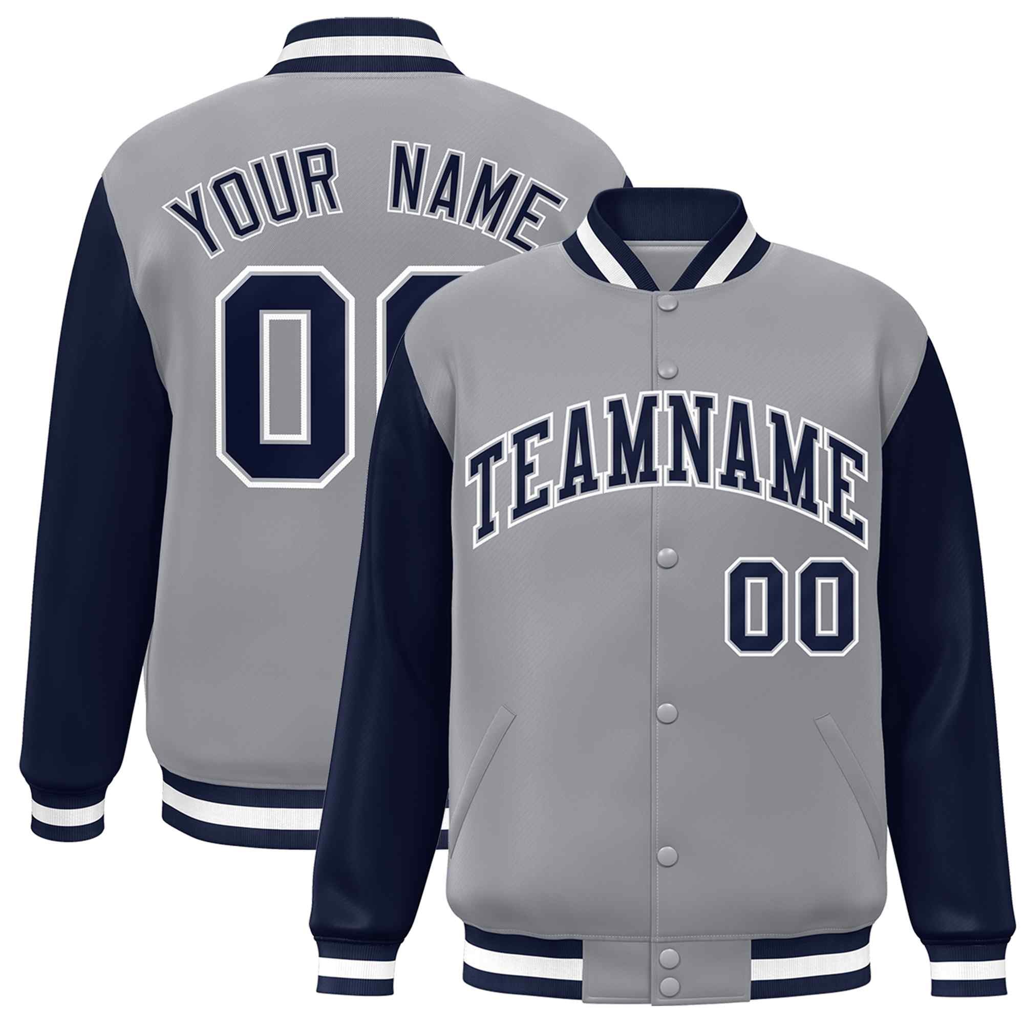 Custom Gray Navy-Gray Raglan Sleeves Varsity Full-Snap Letterman Jacket