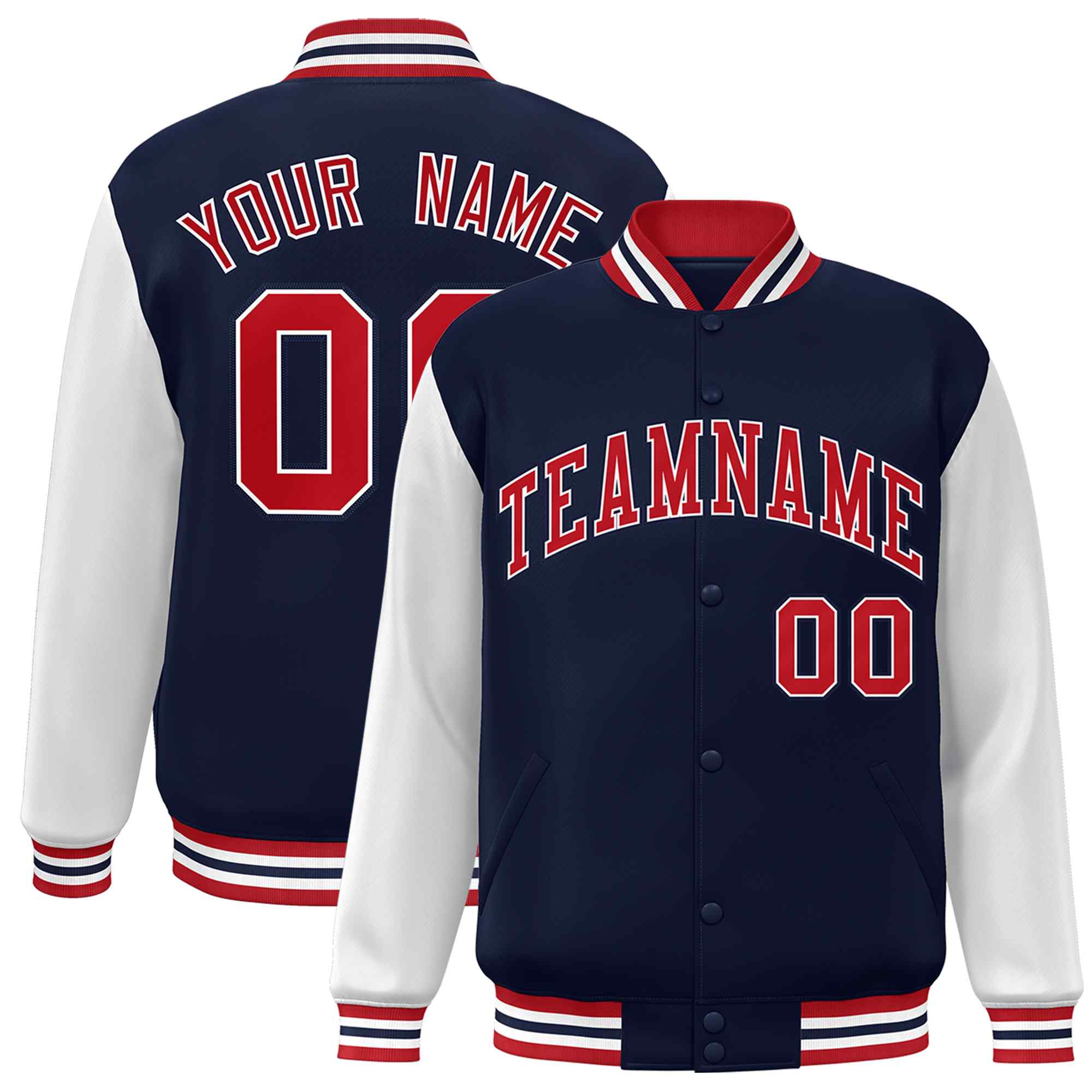 Veste Letterman Varsity Full-Snap à manches raglan personnalisées bleu marine et blanc