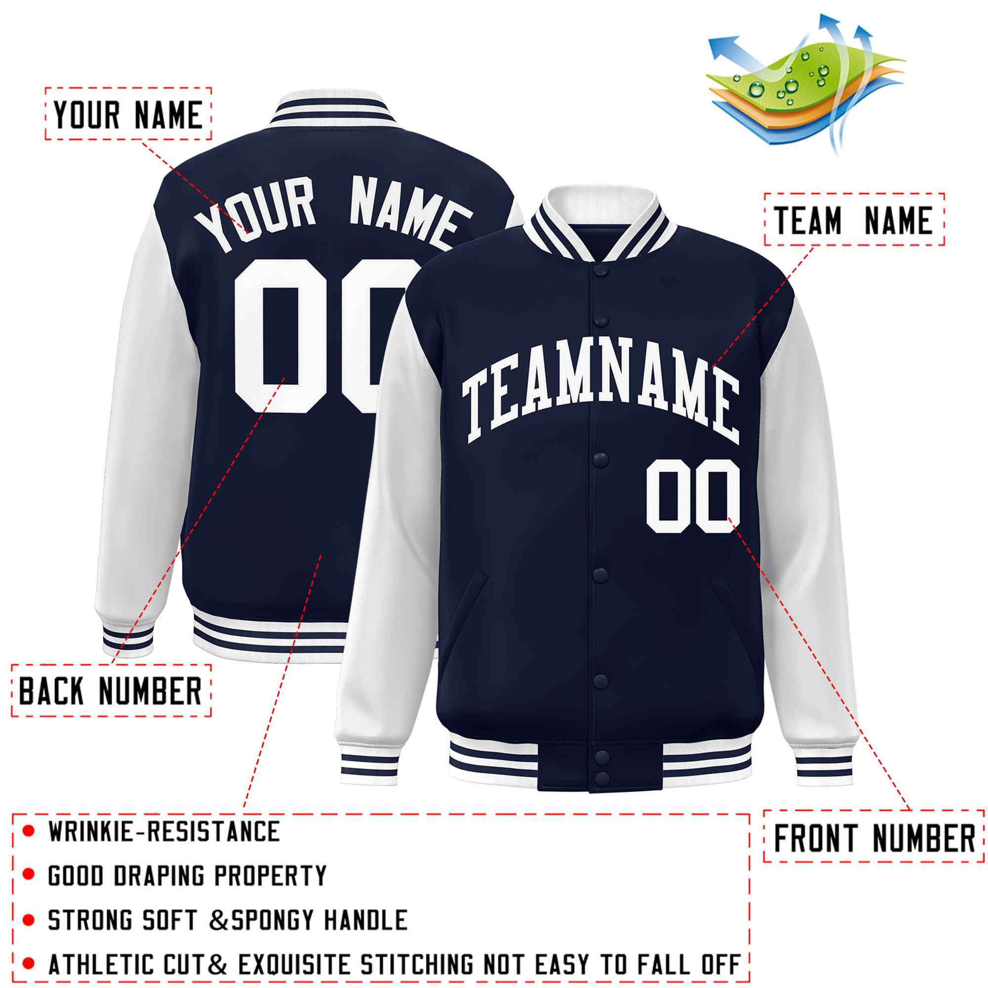 Custom Navy White Raglan Sleeves Varsity Full-Snap Letterman Jacket