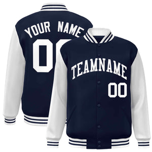 Custom Navy White Raglan Sleeves Varsity Full-Snap Letterman Jacket