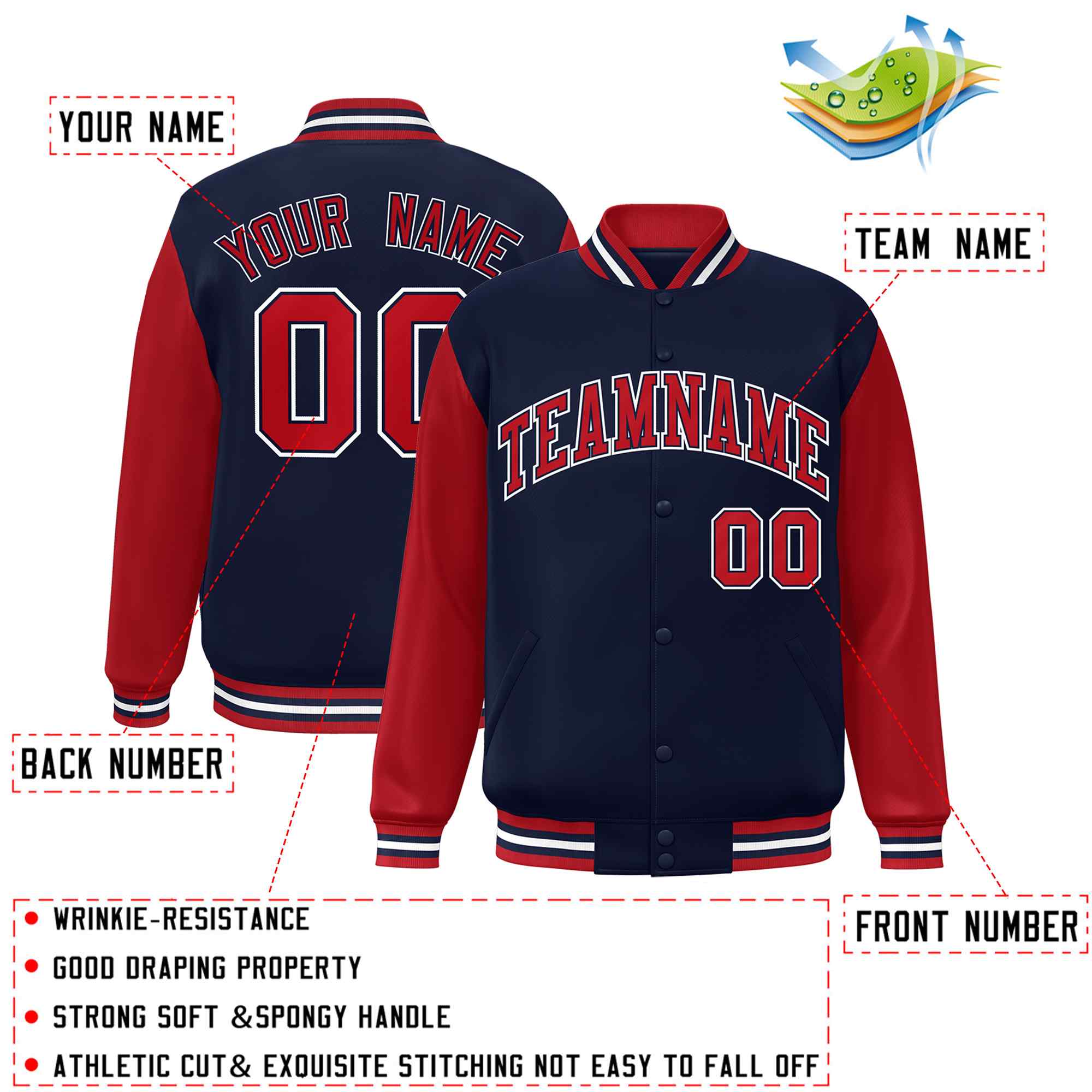 Custom Navy Red-Navy Raglan Sleeves Varsity Full-Snap Letterman Jacket